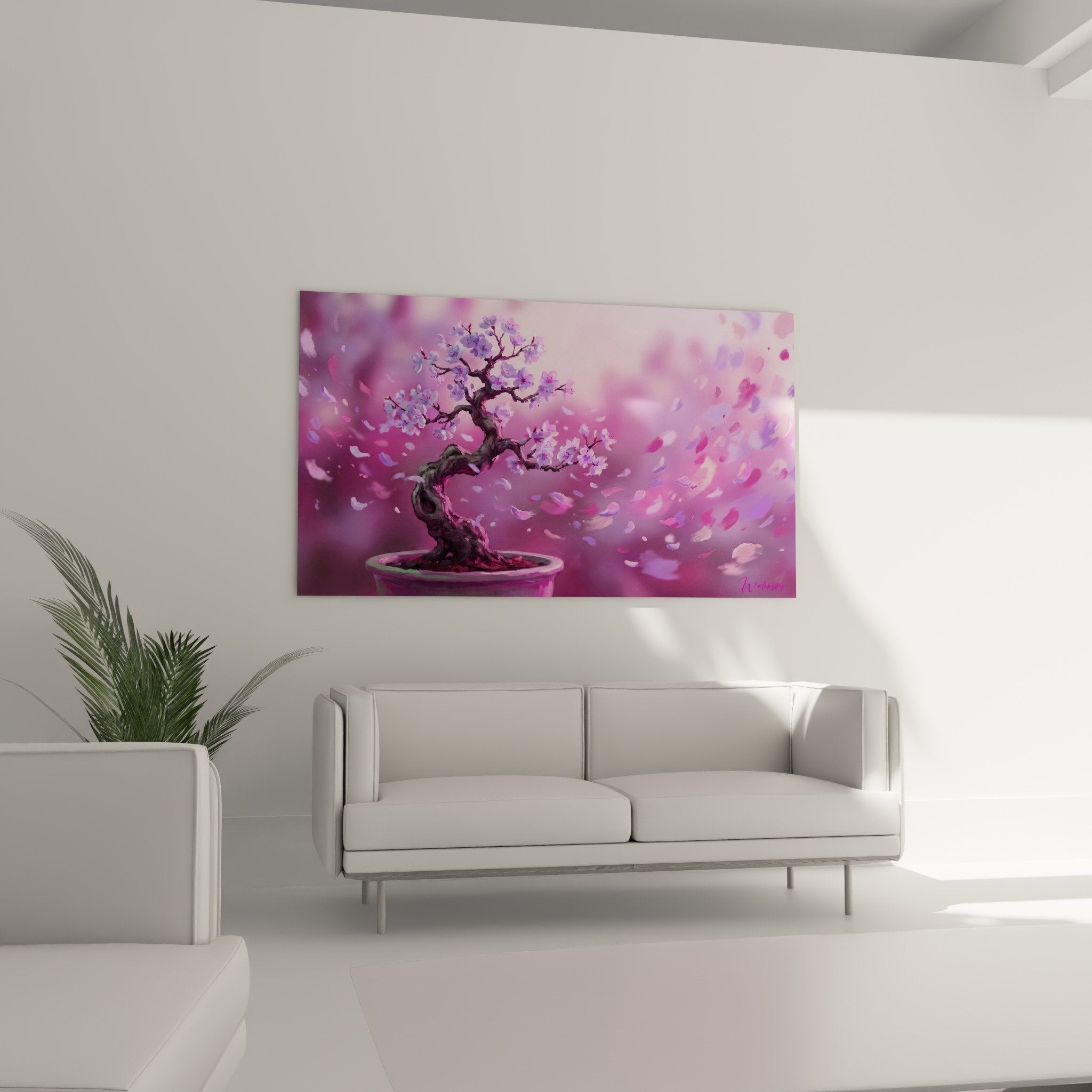 bonsai detail purple flowers delicate petals hanging art soft mauve nuances