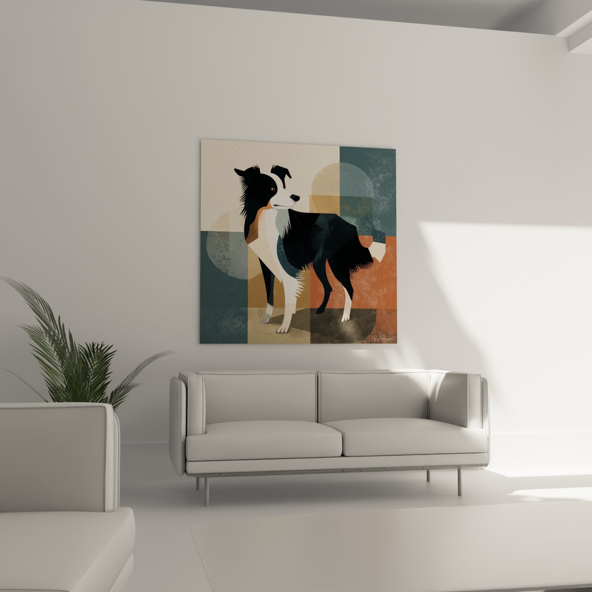 Detail Border Collie Kunstwerk zeitgenössische Kunst kreisförmige Formen warme Töne Ocker Terrakotta