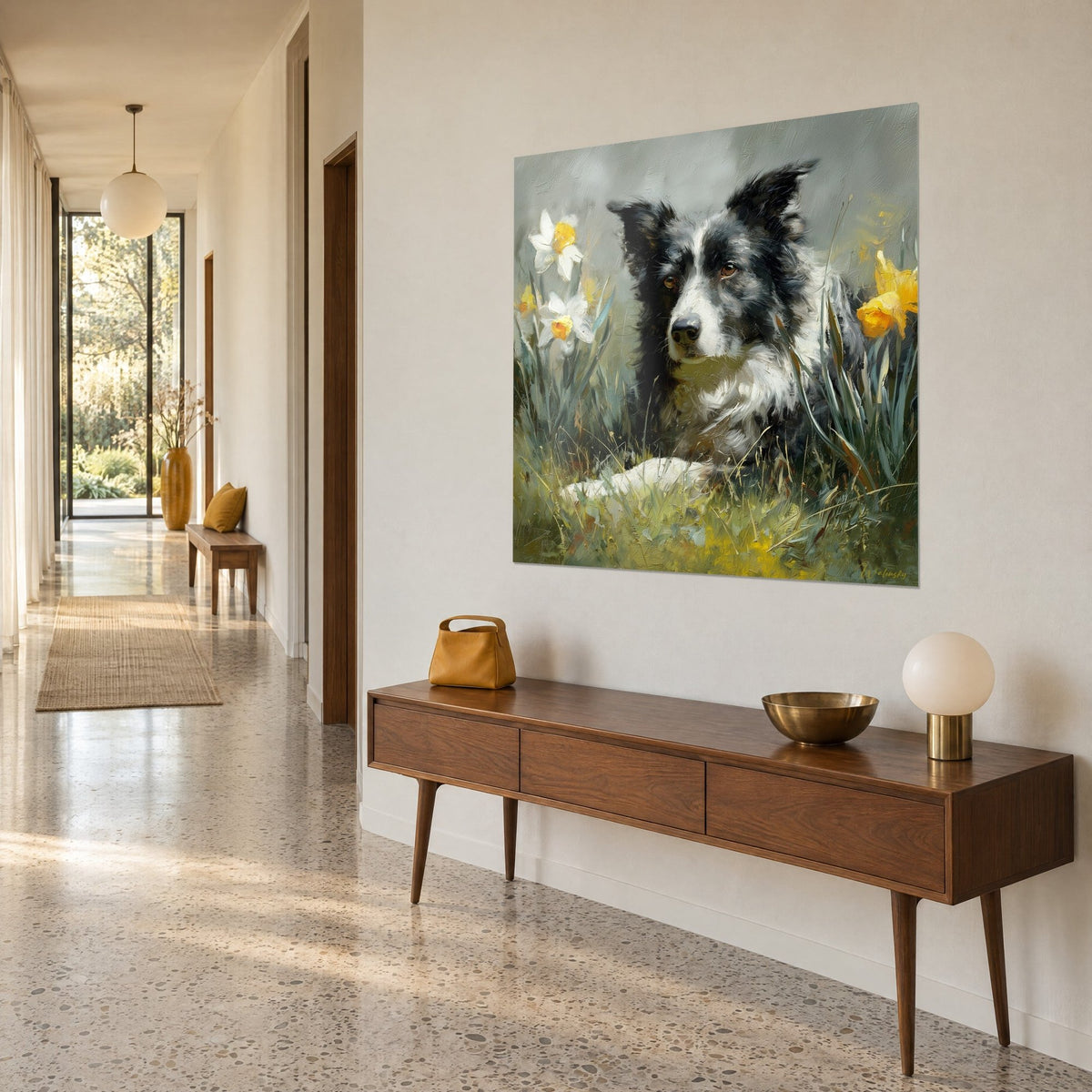 Cuadro perro pastor de ojos ámbar, narcisos blancos de corazón amarillo y hierba verde, vista de tres cuartos en un pasillo