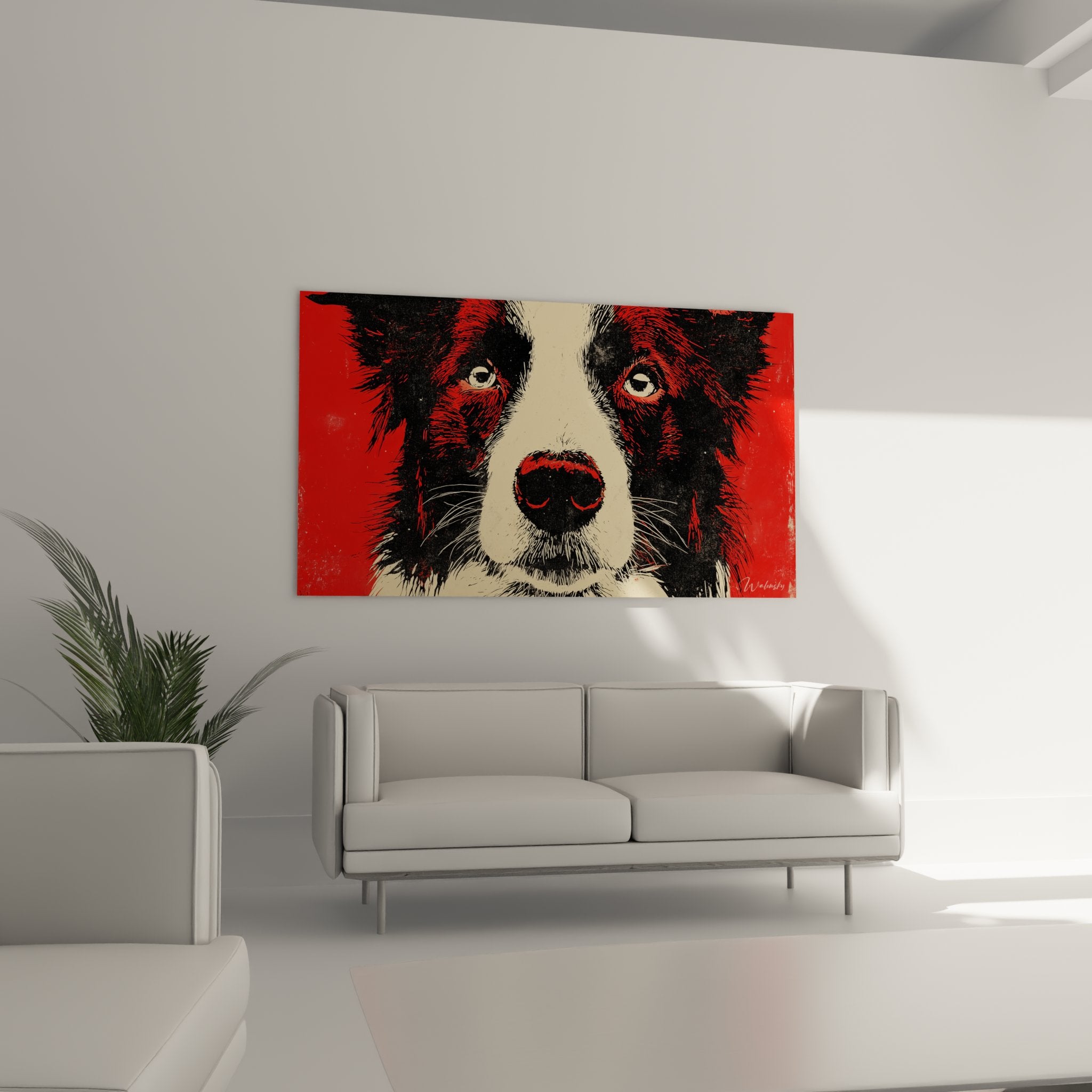 Detail tableau border collie yeux expressifs technique serigraphie couleurs rouge noir beige
