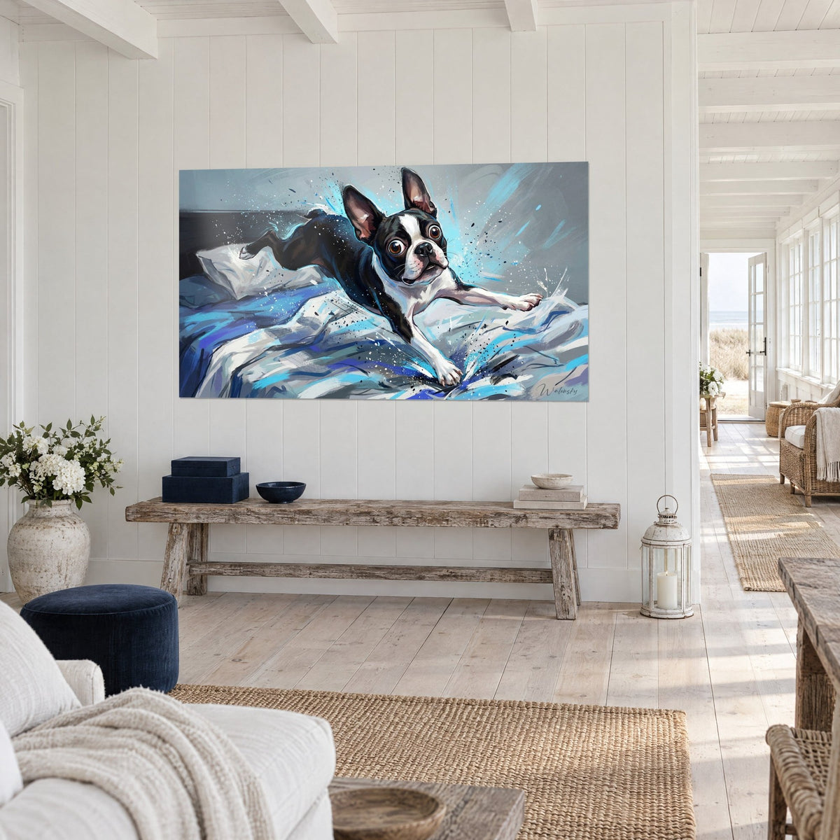 Wall art of a dog with large amber eyes running across a cobalt blue and white sheet, paint splatter, three-quarter view