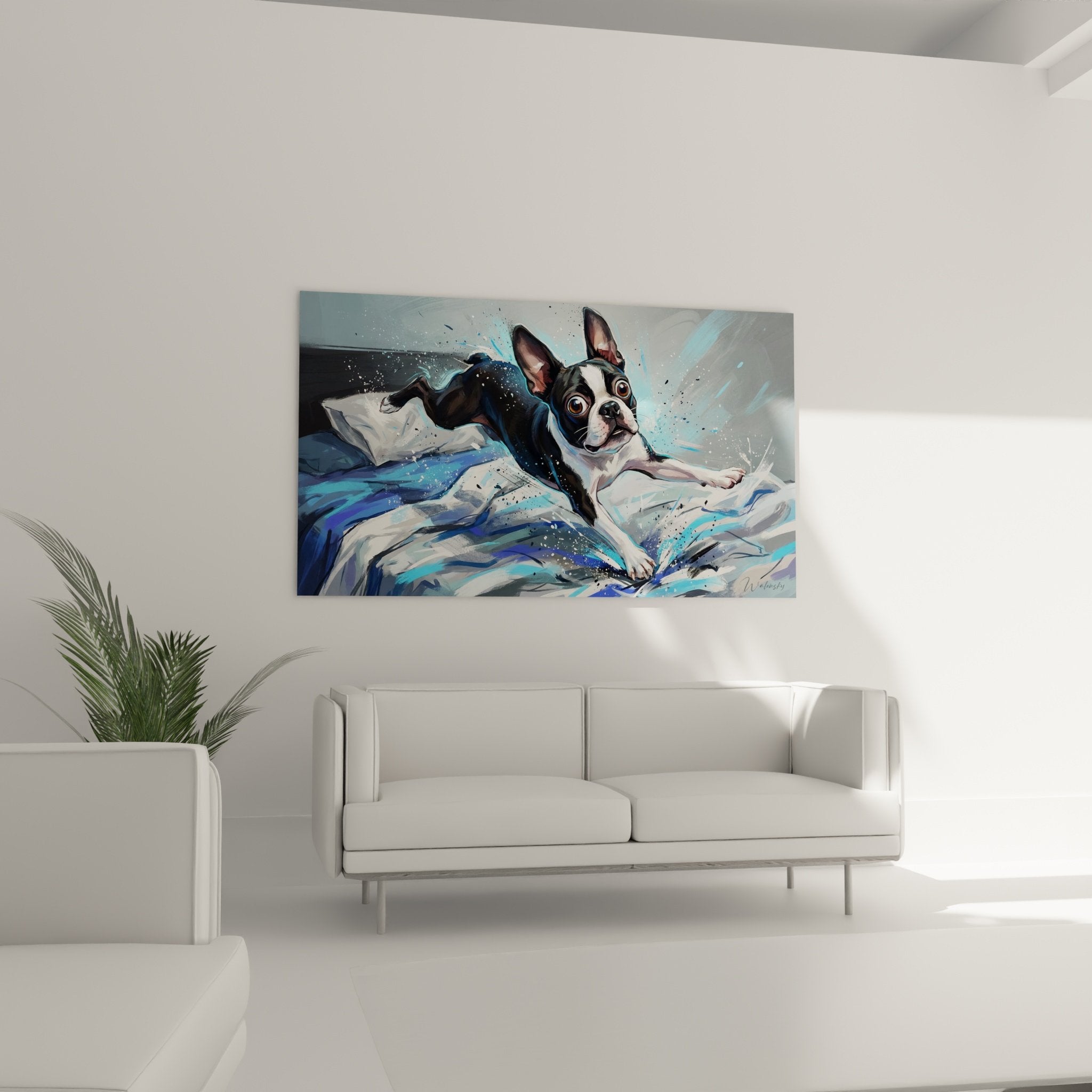 Détail tableau Boston Terrier expressif avec éclaboussures bleues et technique picturale moderne visible