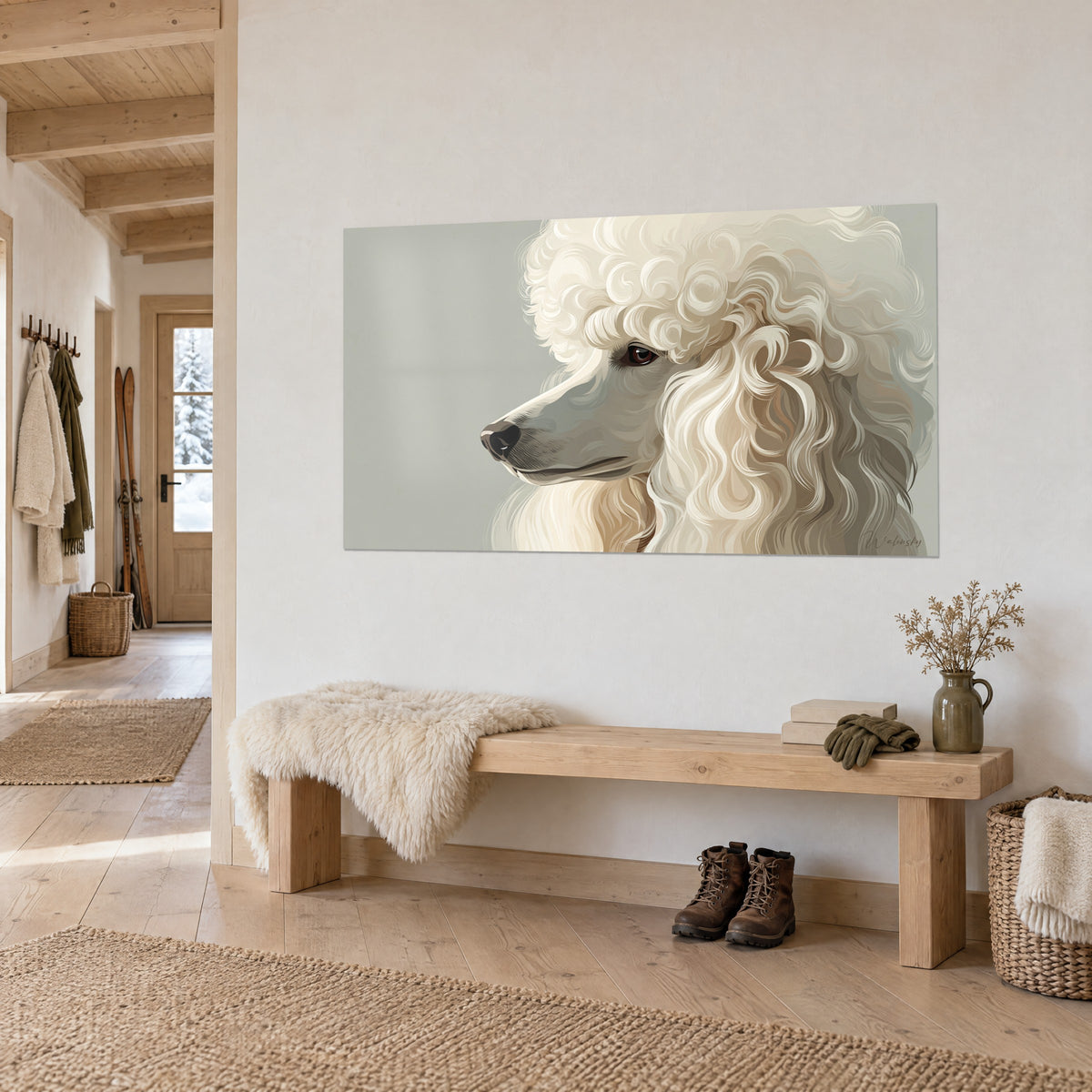 Quadro ritratto di un cane riccio color avorio con muso nero e occhio marrone, su parete bianca, panca in legno e pelliccia di chalet