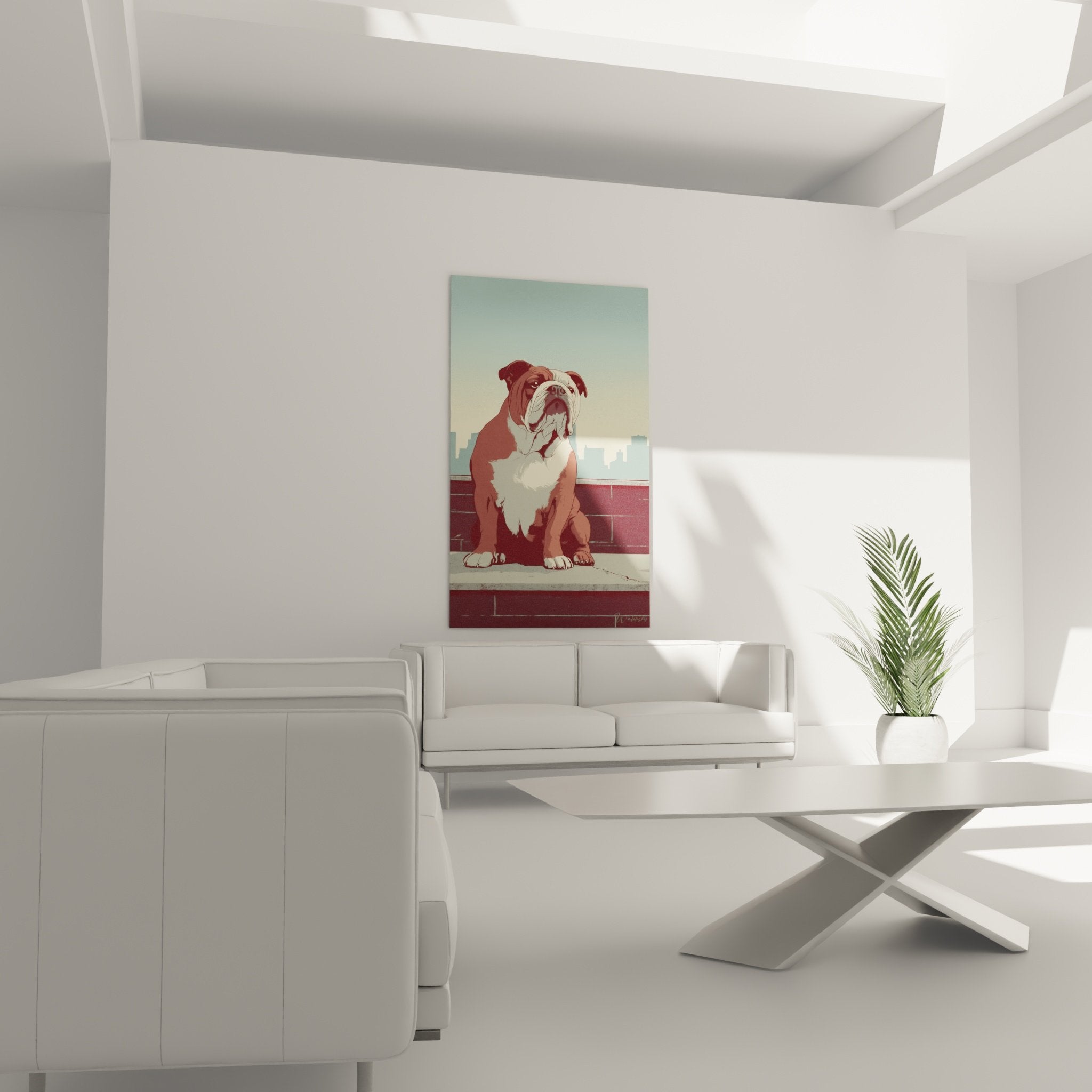 Detail tableau bouledogue anglais pelage blanc brun expression contemplative technique illustration moderne
