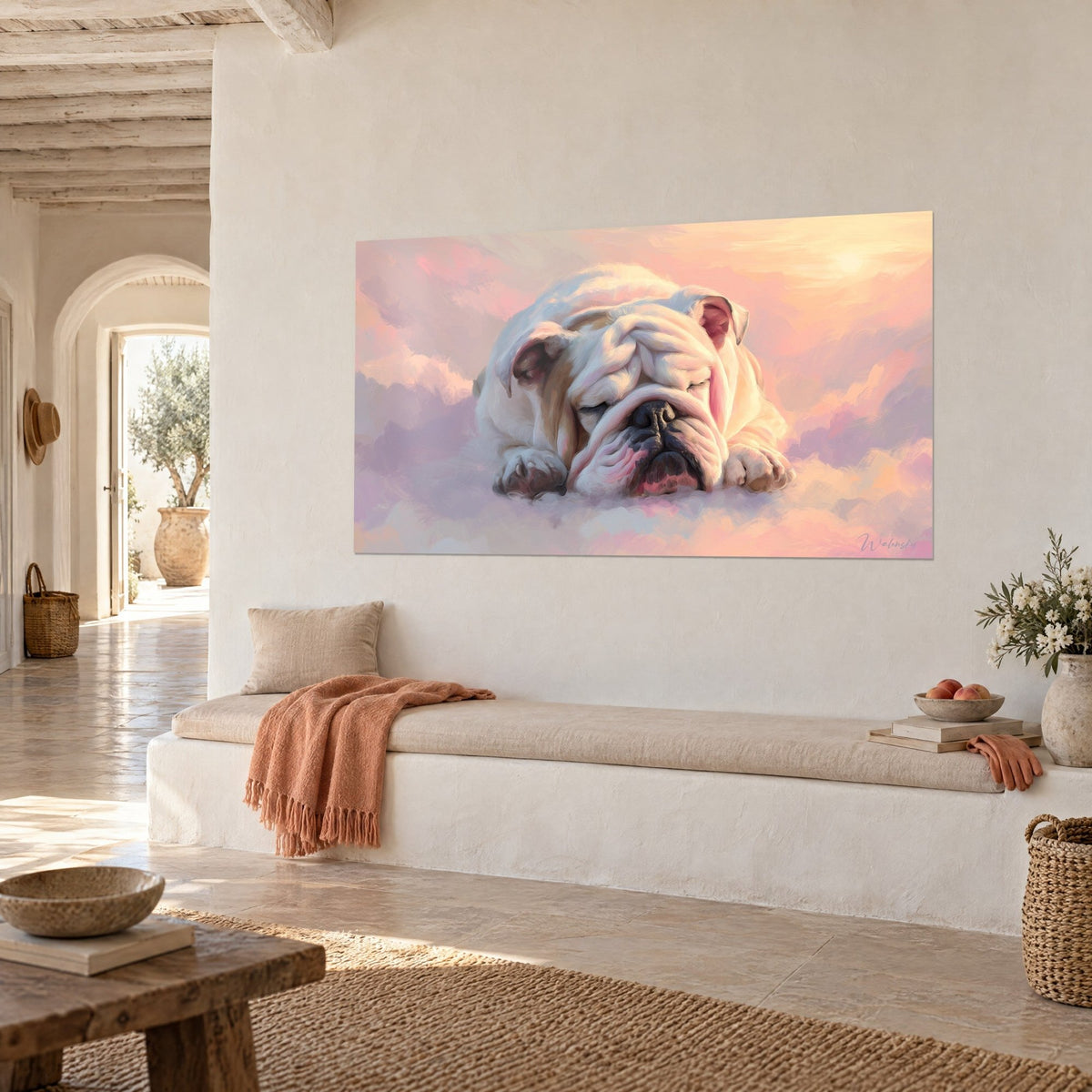 Wall art Wrinkle-cheeked dog lying in an apricot and mauve sky, pale sun at the upper right, on a cream wall of a Mediterranean house