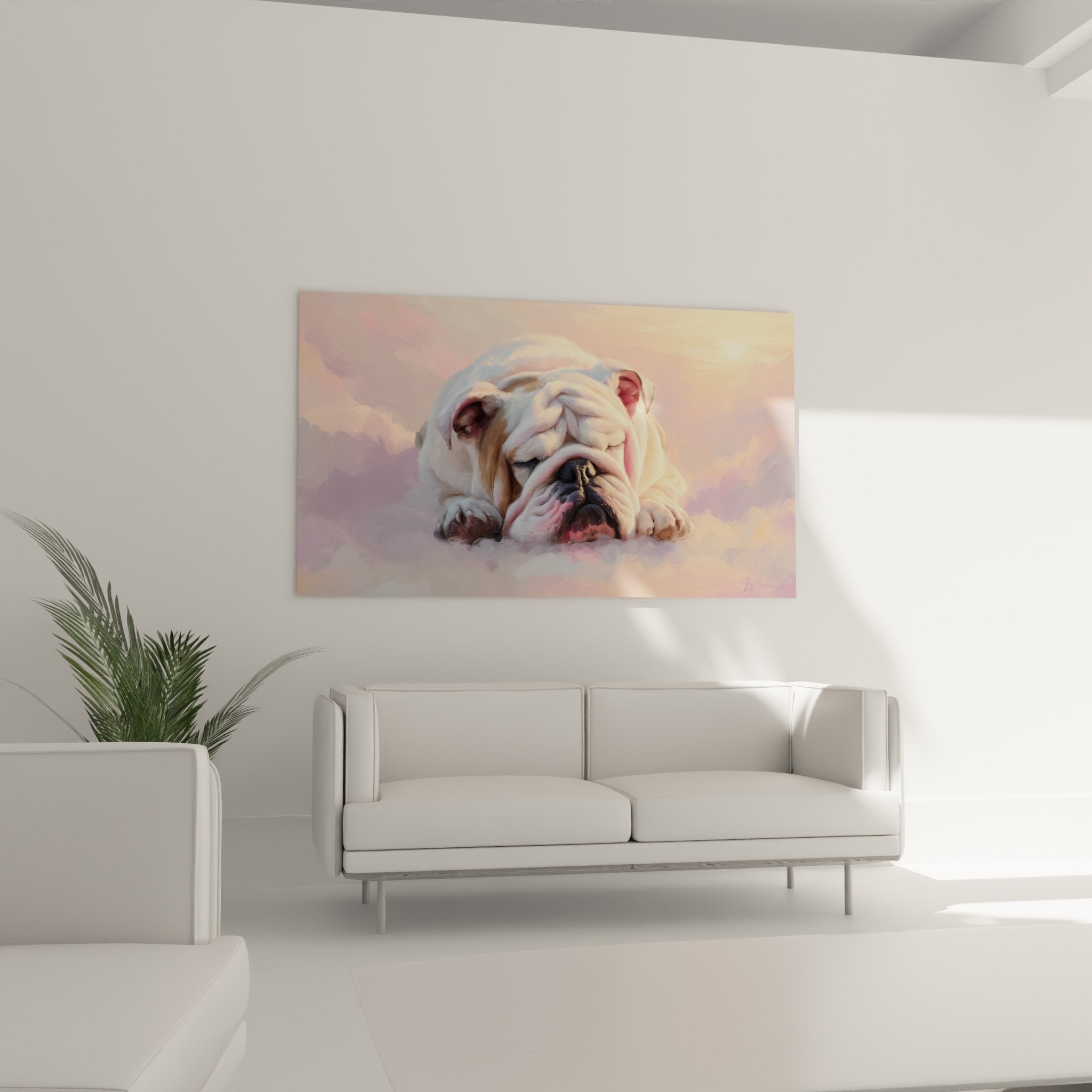 dettaglio dipinto bulldog inglese addormentato texture nuvola toni rosa polvere