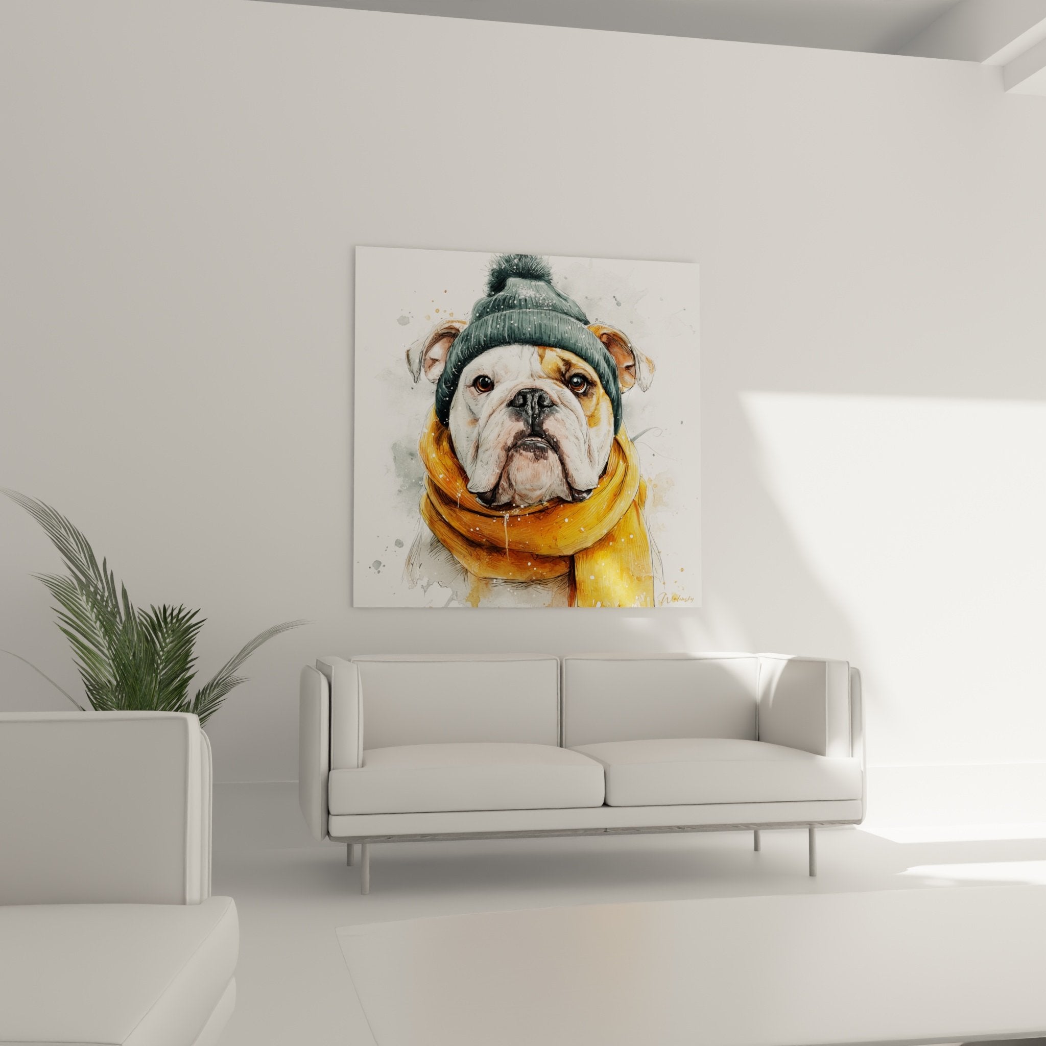 Detailporträt Englische Bulldogge ausdrucksstarke Augen weiß rotes Fell grüne Strickmütze Pompom