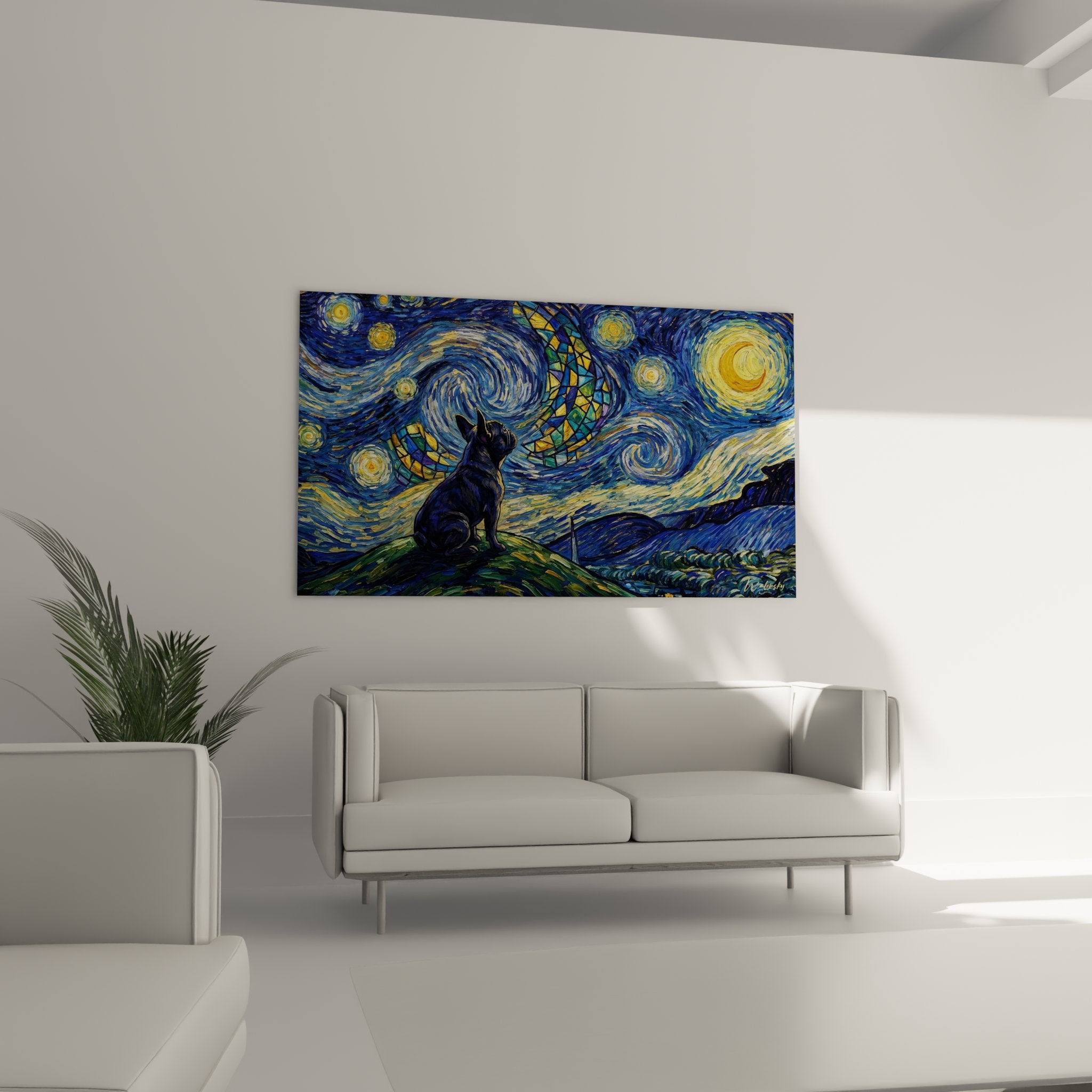 Detail tableau bouledogue francais art tourbillons bleus etoiles dorees fragments vitraux colores