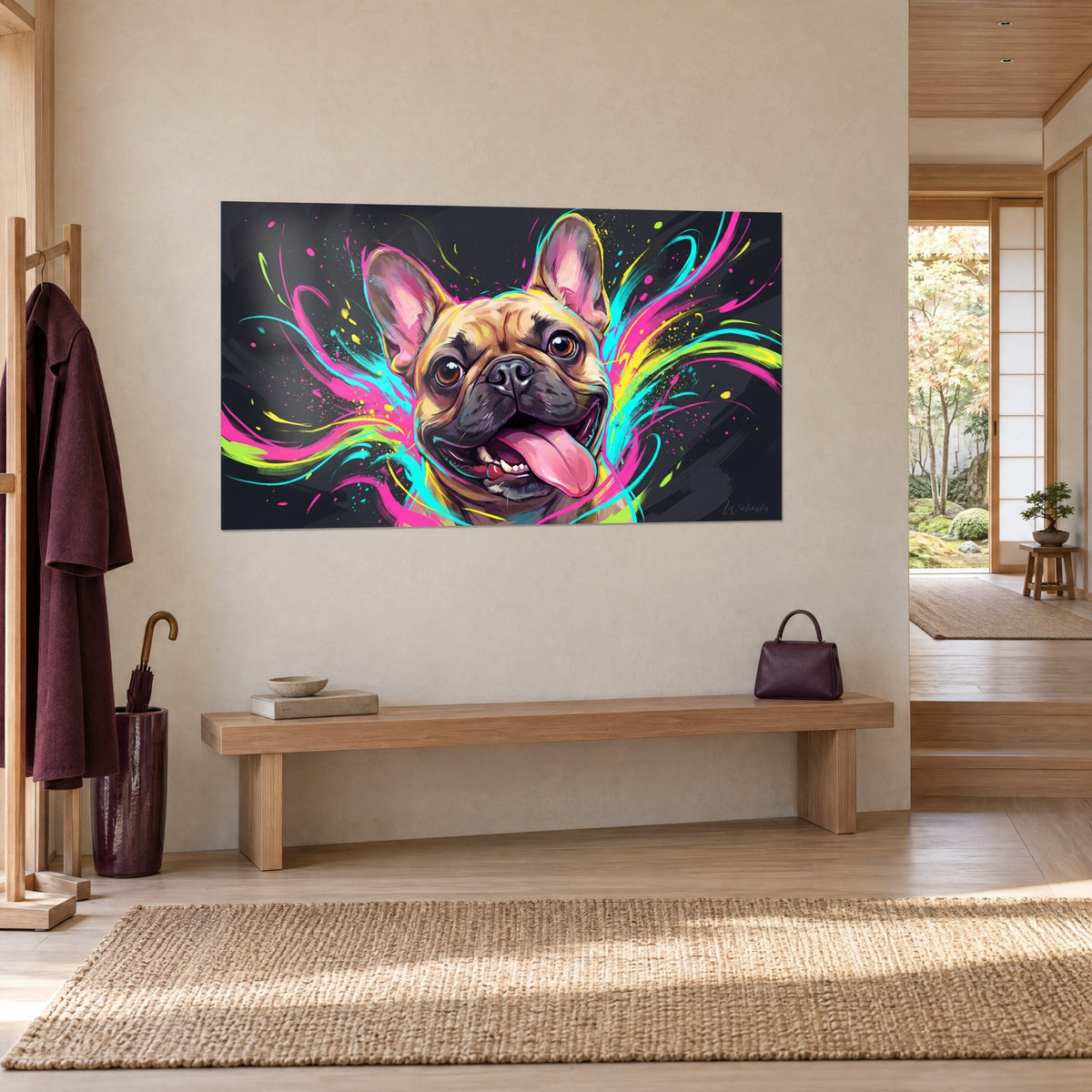 Cuadro perro de grandes ojos ámbar y orejas erguidas, chorros amarillo fluorescente y turquesa, pared beige de una entrada japandi