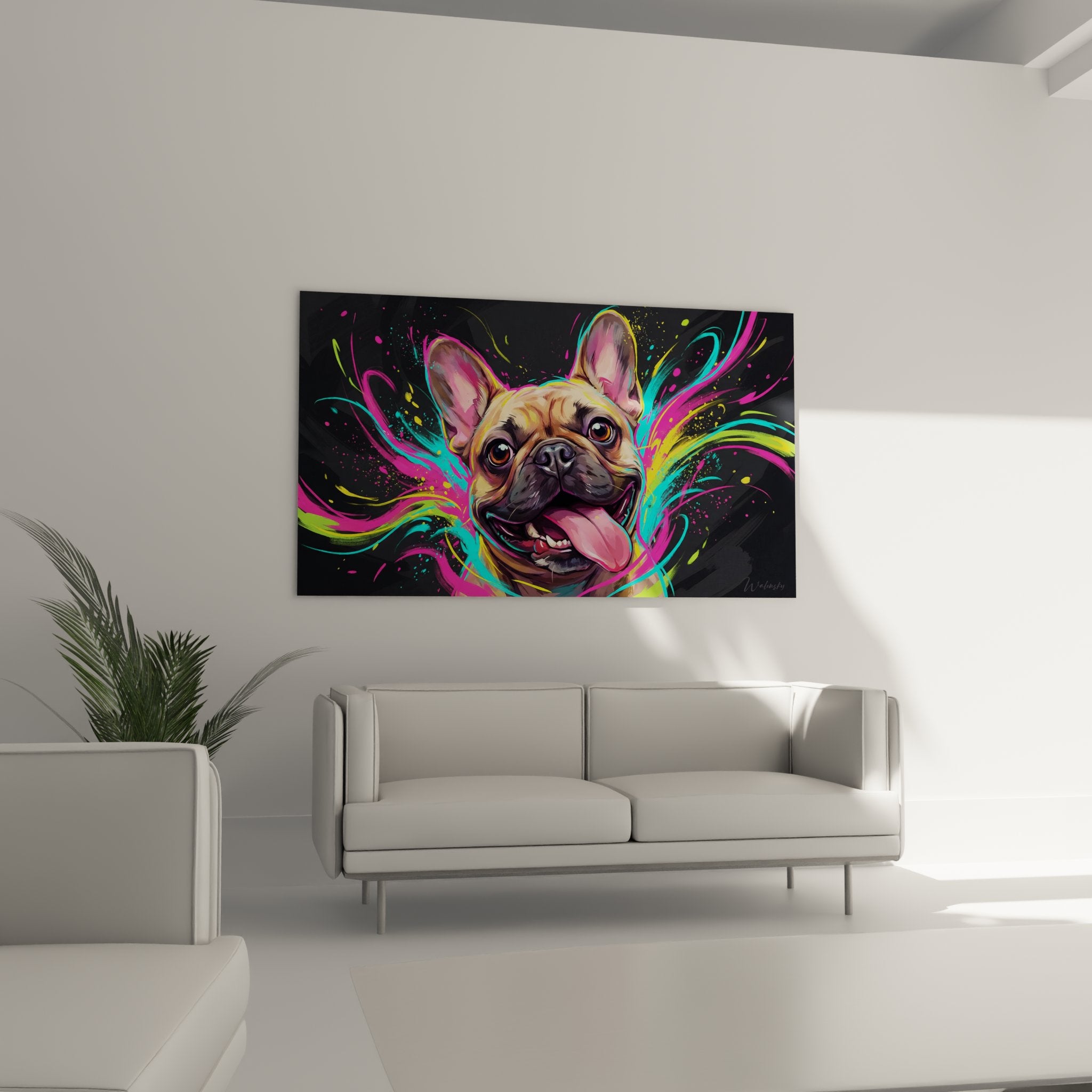 Détail tableau bouledogue français pelage fauve yeux expressifs éclaboussures peinture colorées effet splash