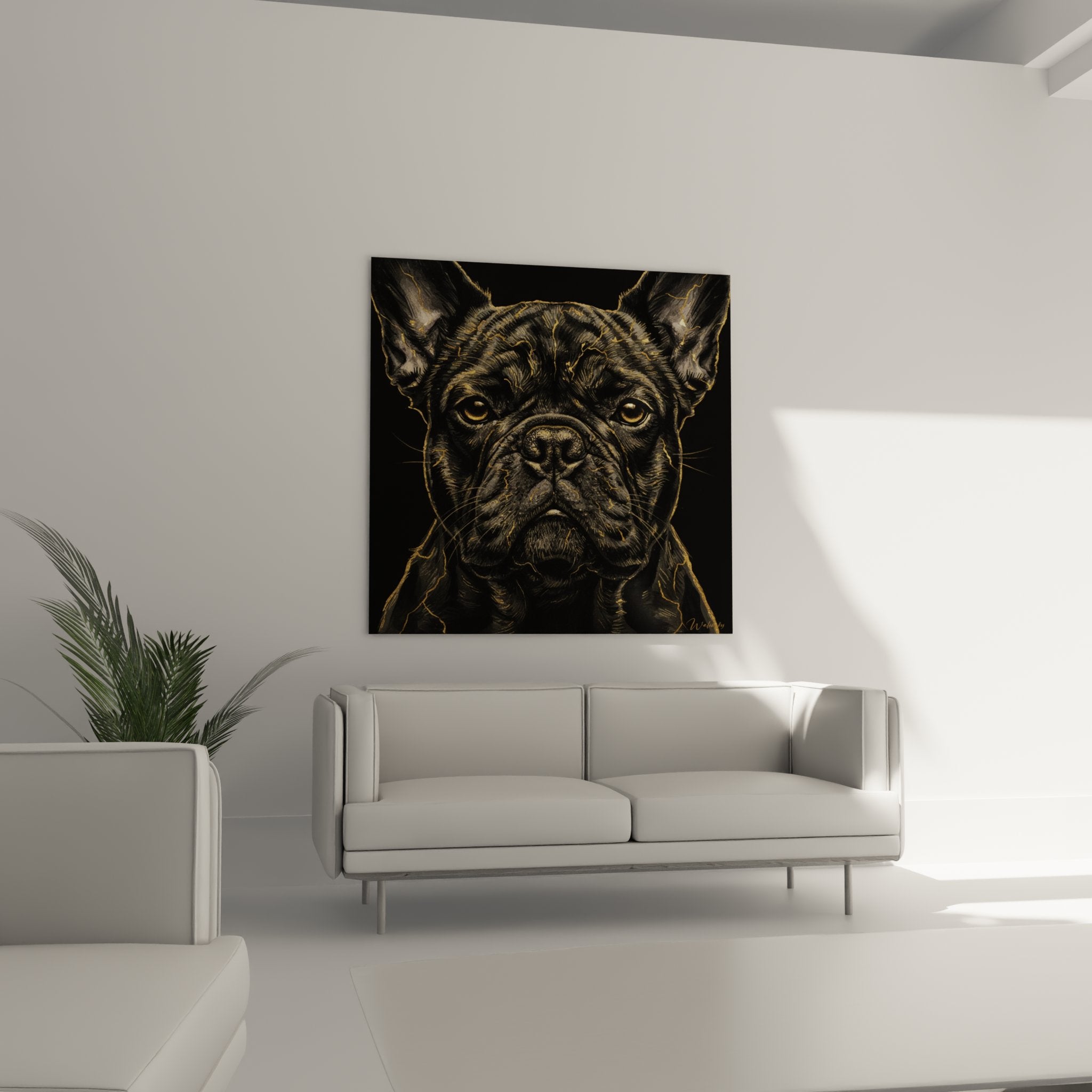 Détail portrait bouledogue français noir accents dorés texture pelage regard intense art mural