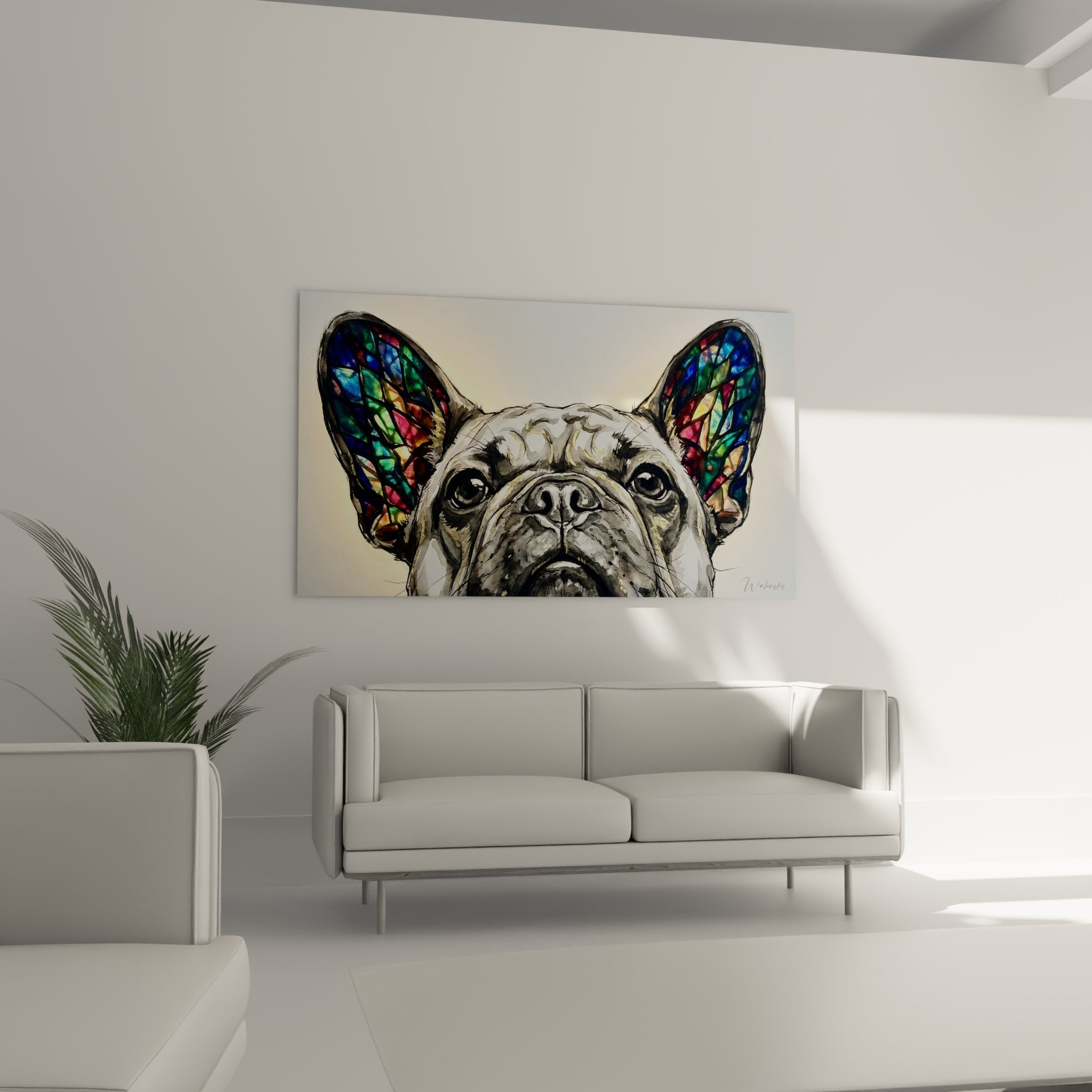 Close-up French Bulldog expressive gaze ears colorful geometric patterns