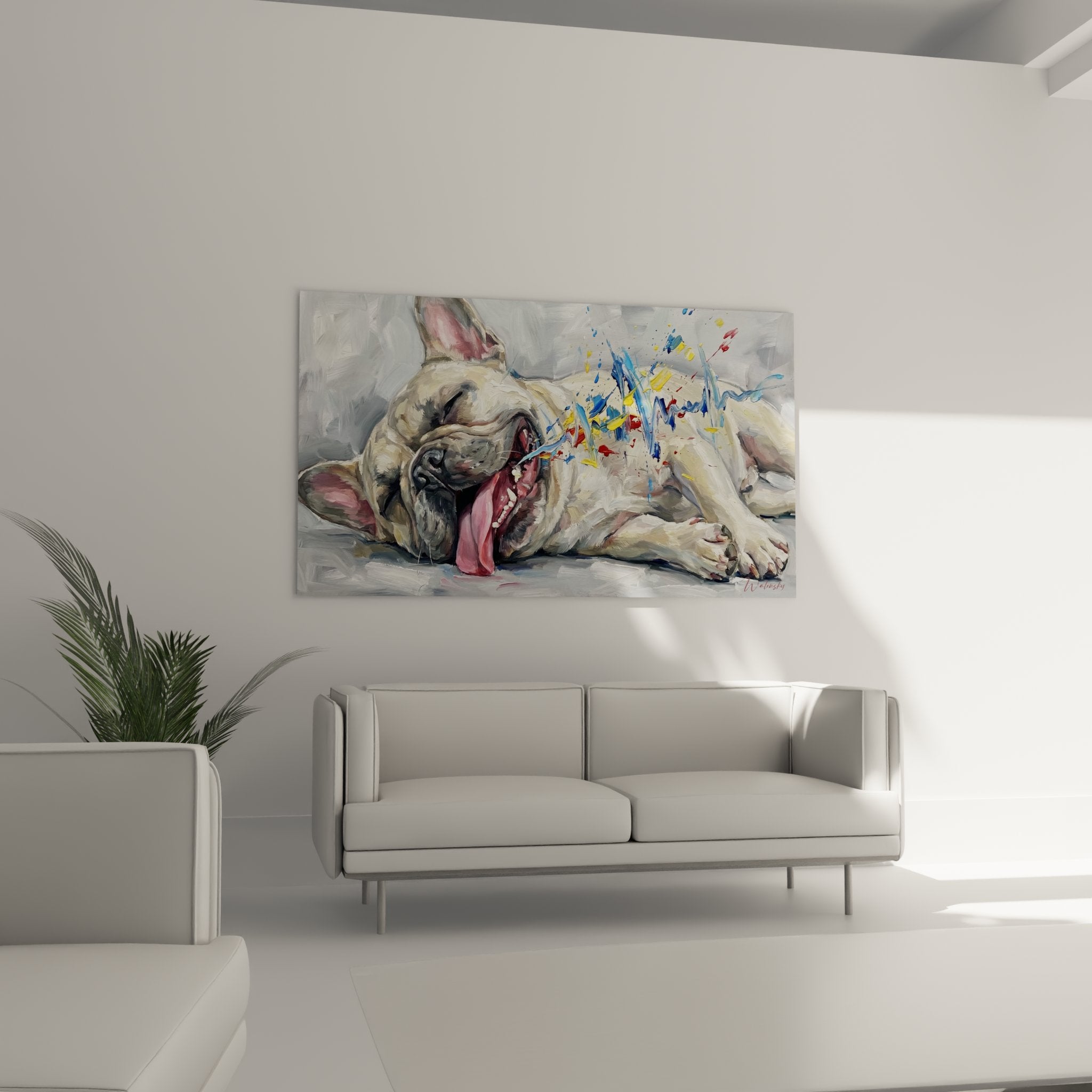 Détail portrait bouledogue français langue rose avec projections de peinture vive contemporaine