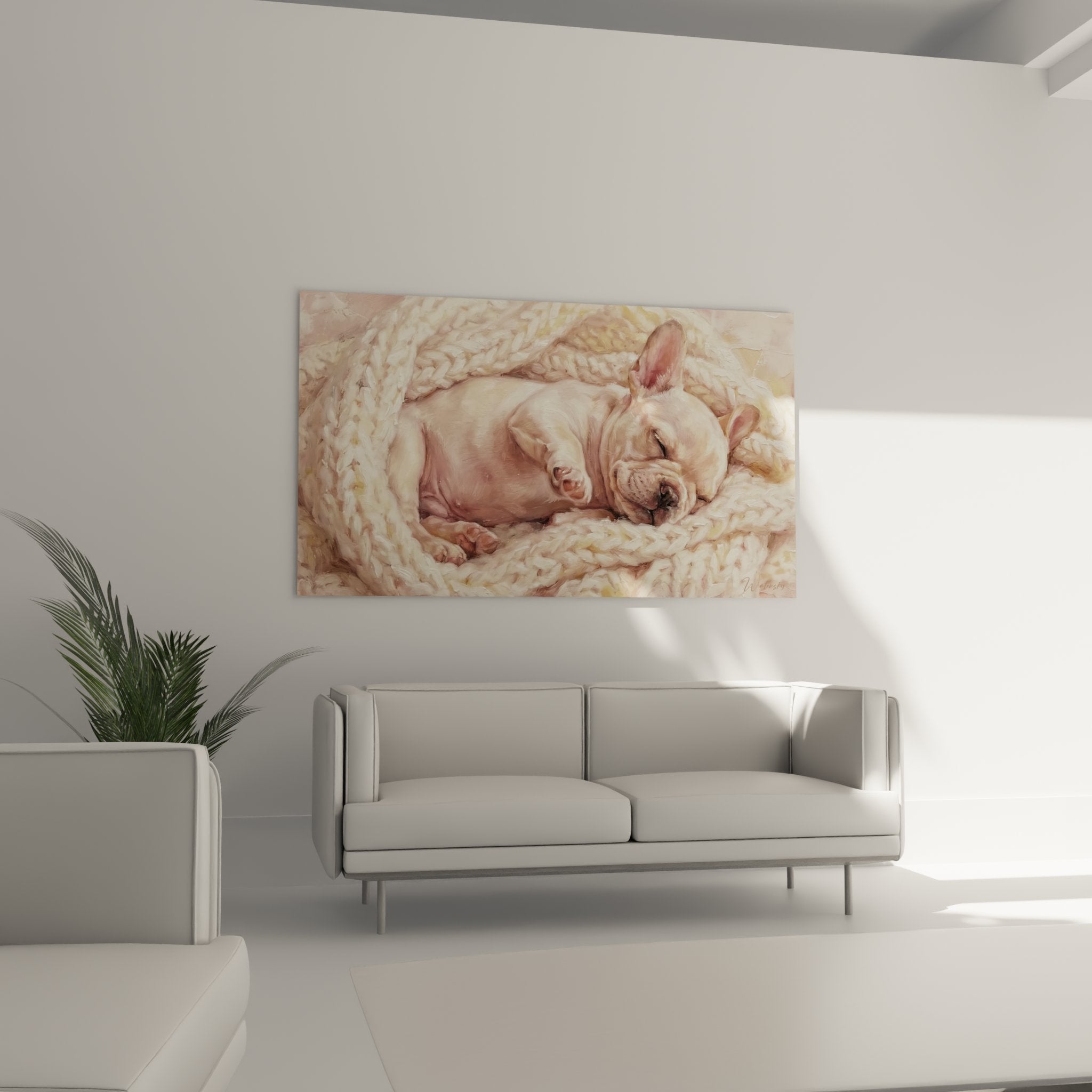 detailansicht gemälde schlafende französische bulldogge strukturierte karierten strickdecke realistische malerei