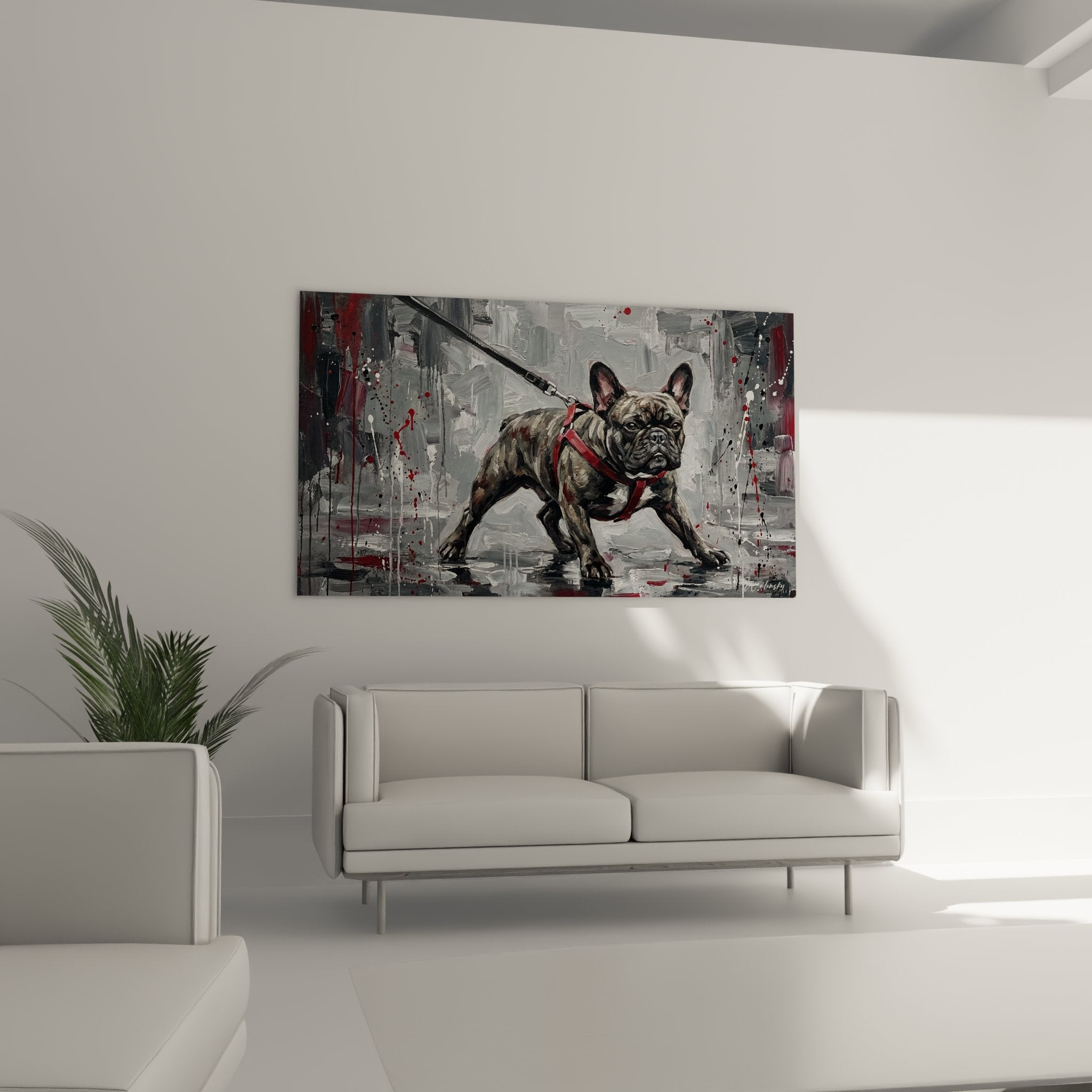 Detail bouledogue francais pelage bringe texture peinture street art eclaboussures rouges gris