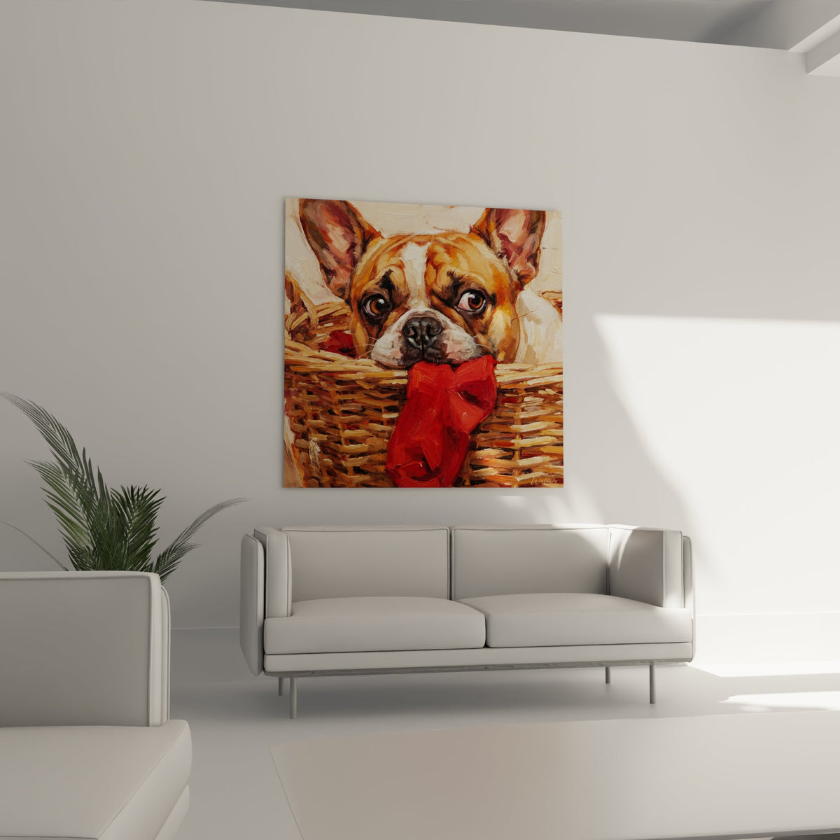 Dettaglio dipinto bulldog francese occhi espressivi marroni, mantello fulvo dorato, fiocco rosso vermiglio