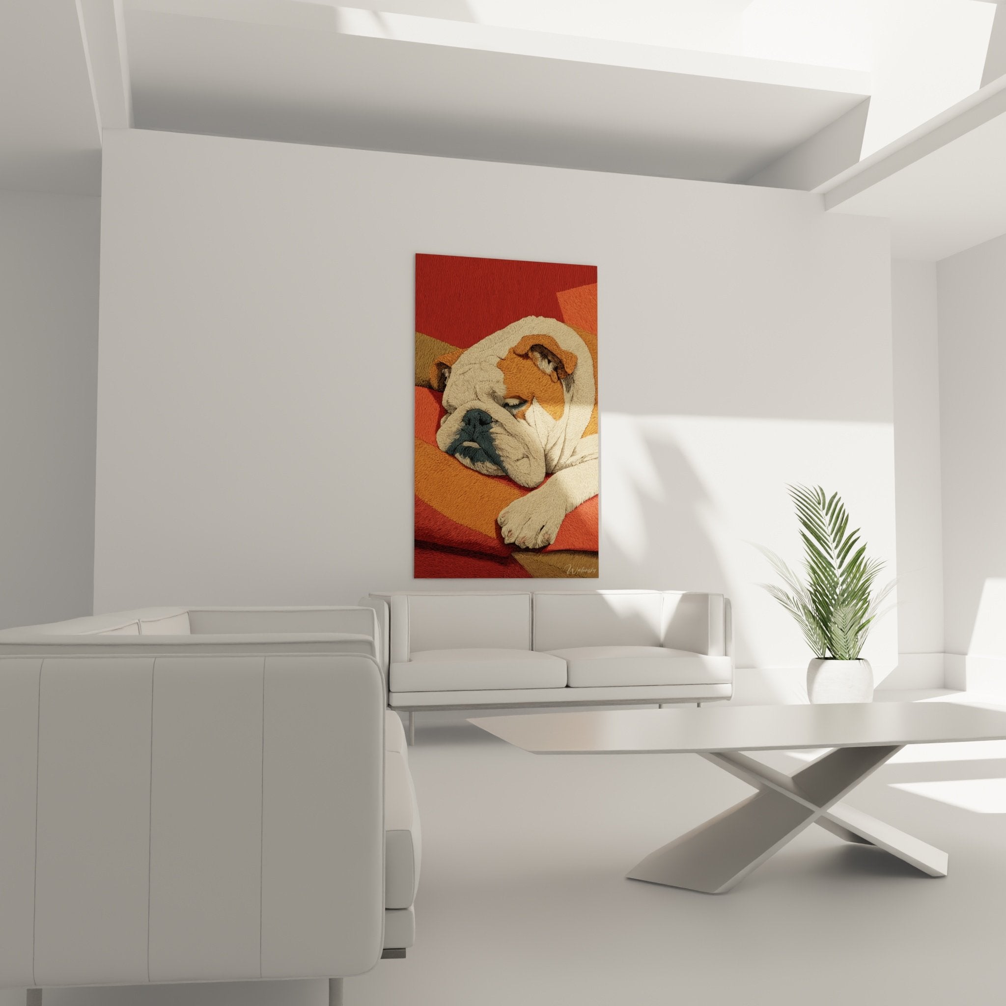 detail tableau bouledogue anglais hachures colorees technique artistique moderne portrait canin