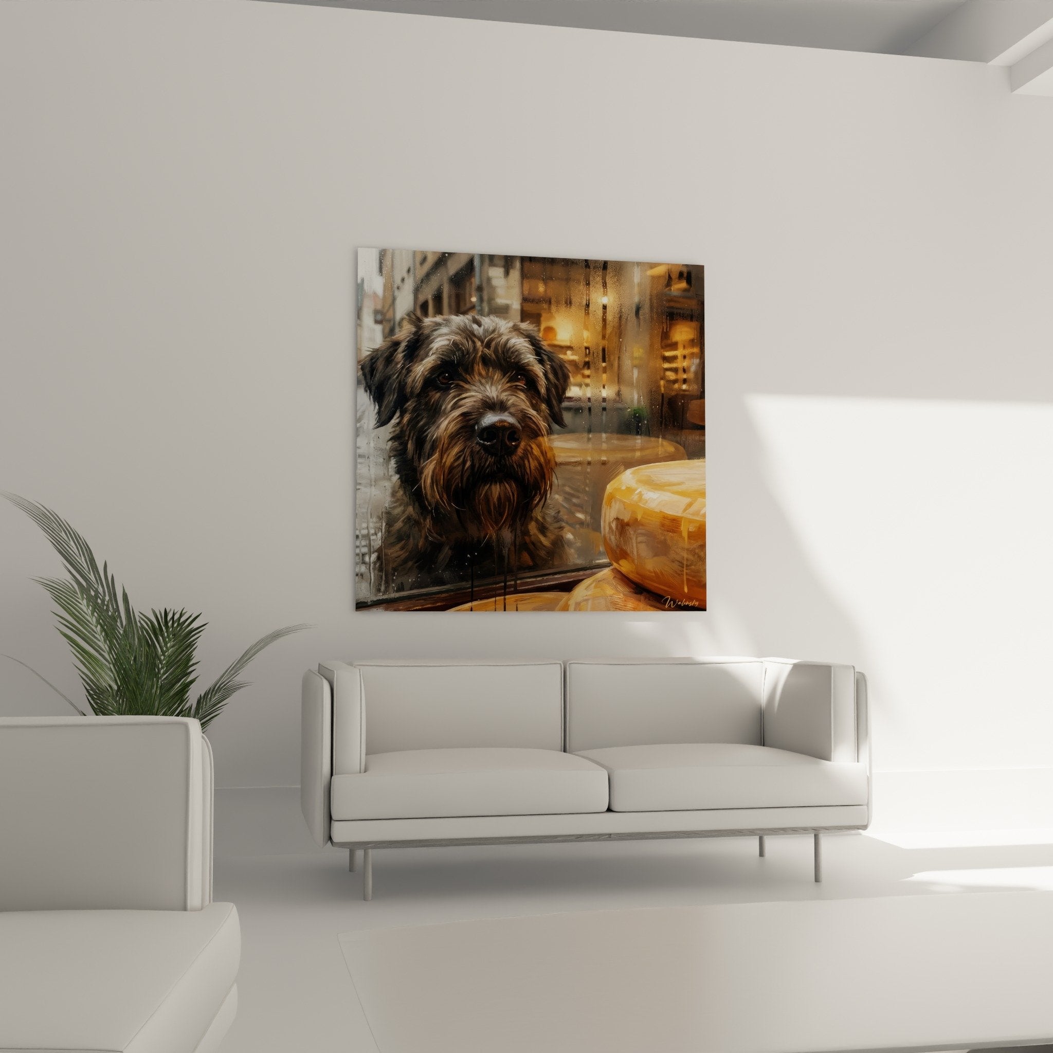 Détail proche tableau chien Bouvier des Flandres, pelage brun doré, expression touchante derrière vitre