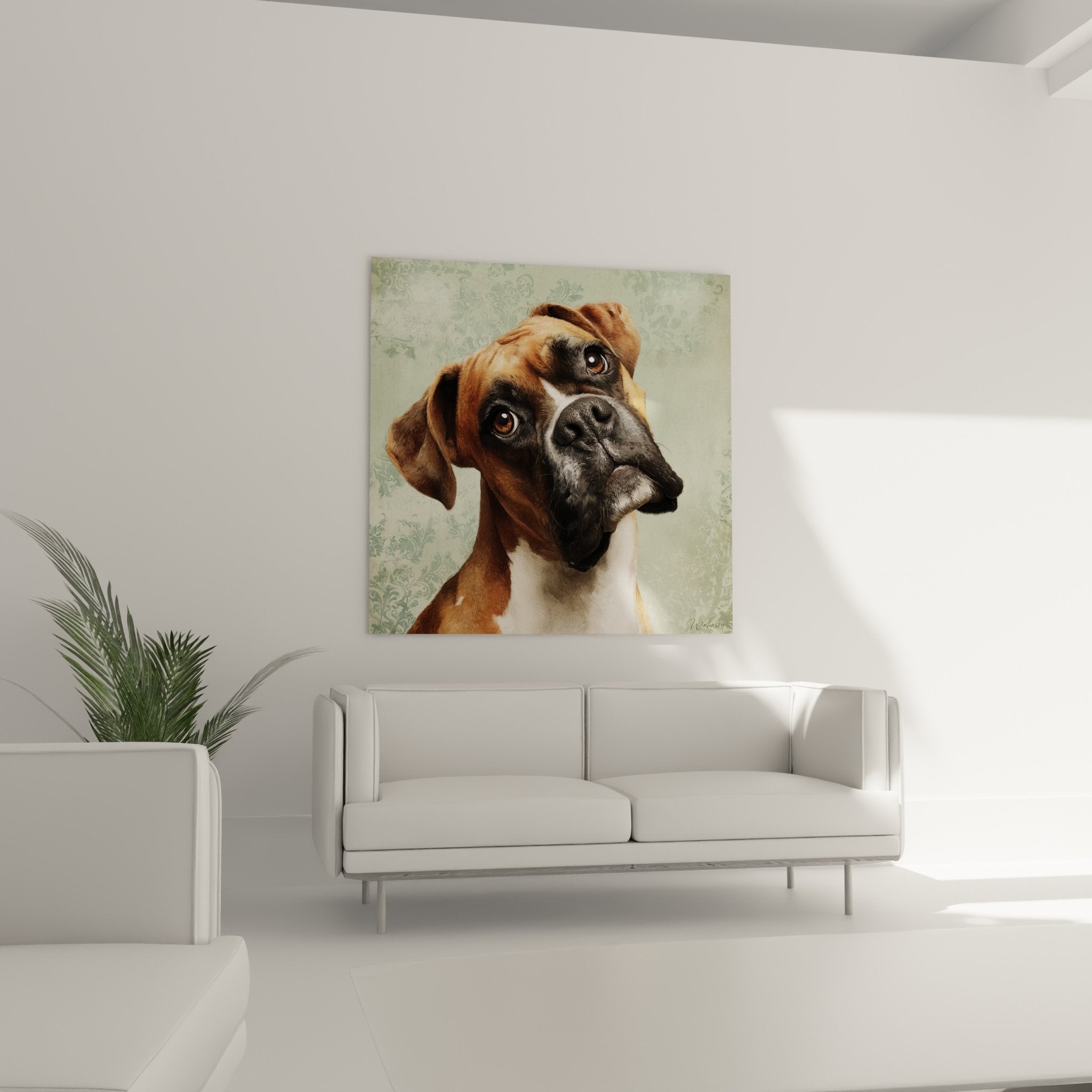 Detail portrait Boxer fawn coat and black muzzle, expressive amber eyes, realistic painting technique
