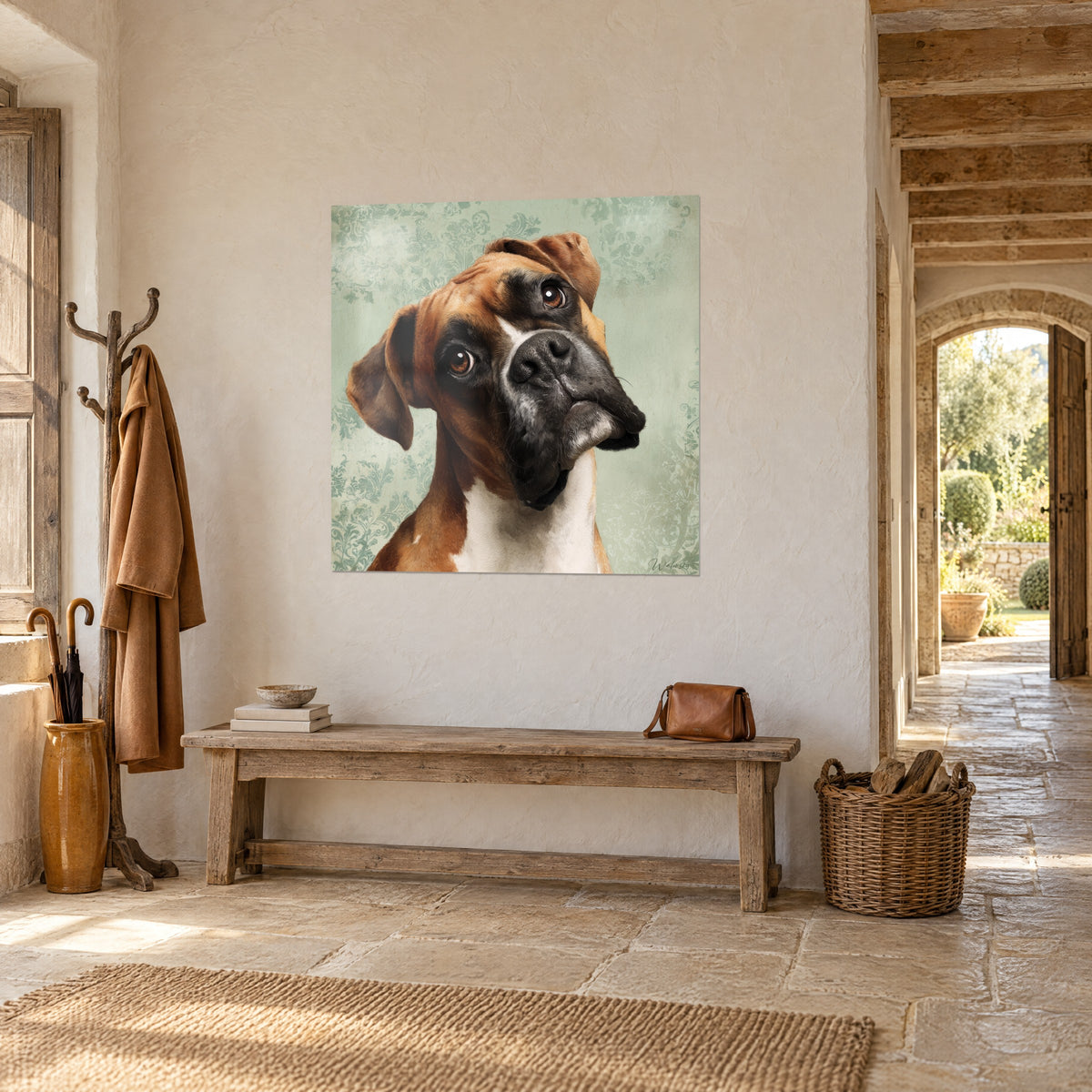 Cuadro retrato canino de mirada tierna, pelaje leonado y pecho blanco sobre arabescos verde pálido, pared de yeso beige, banco de madera, casa de campo