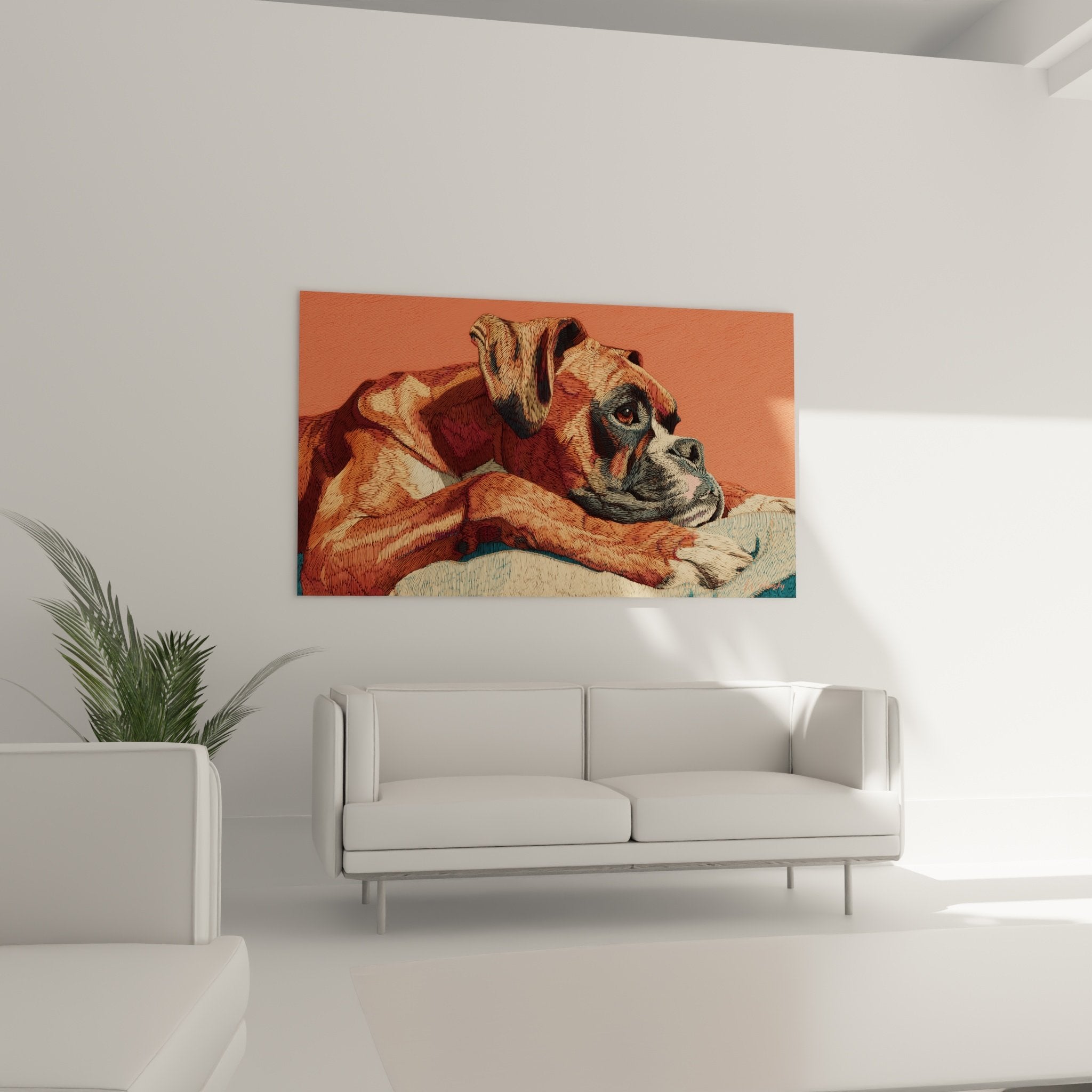 Détail technique tableau Boxer, traits fins pelage fauve, nuances corail et ombres terre de Sienne