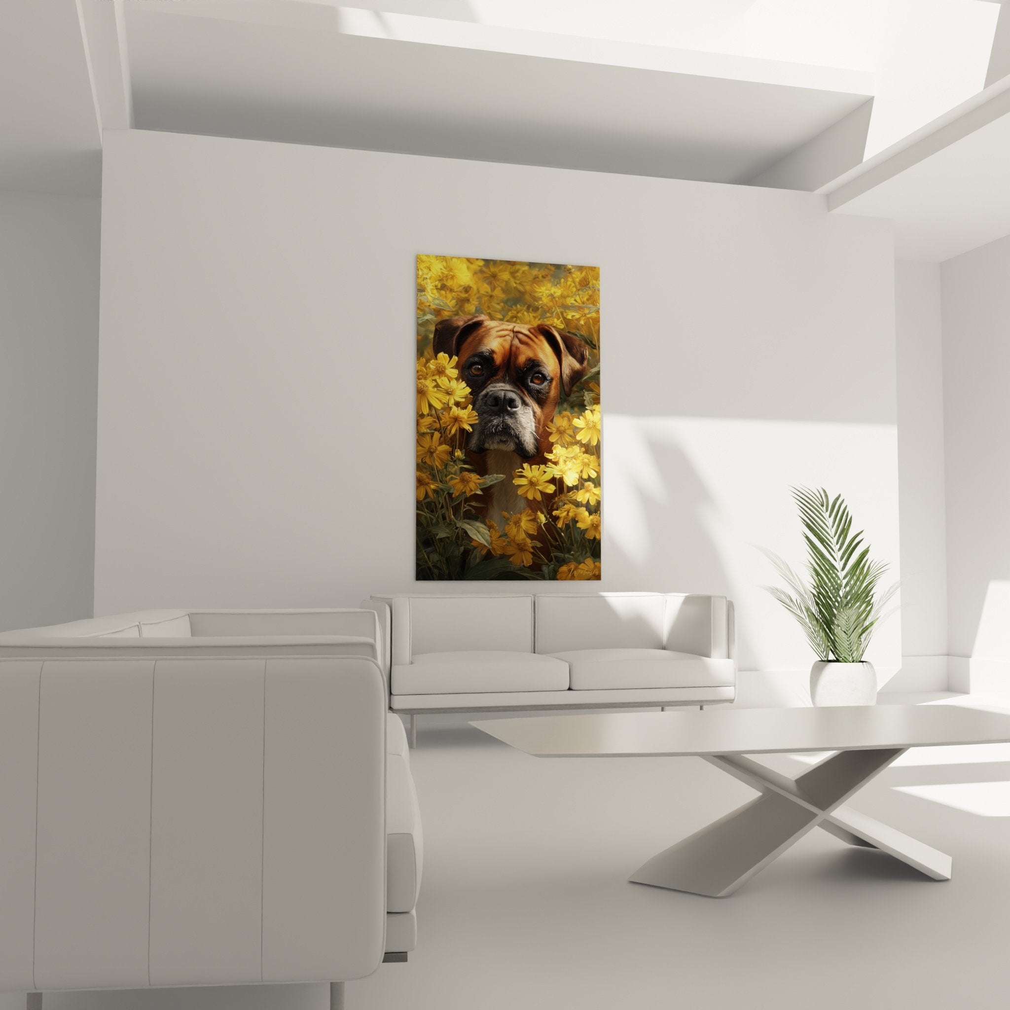Detailed portrait Boxer brown eyes touching expression yellow cosmos hyperrealistic canine art