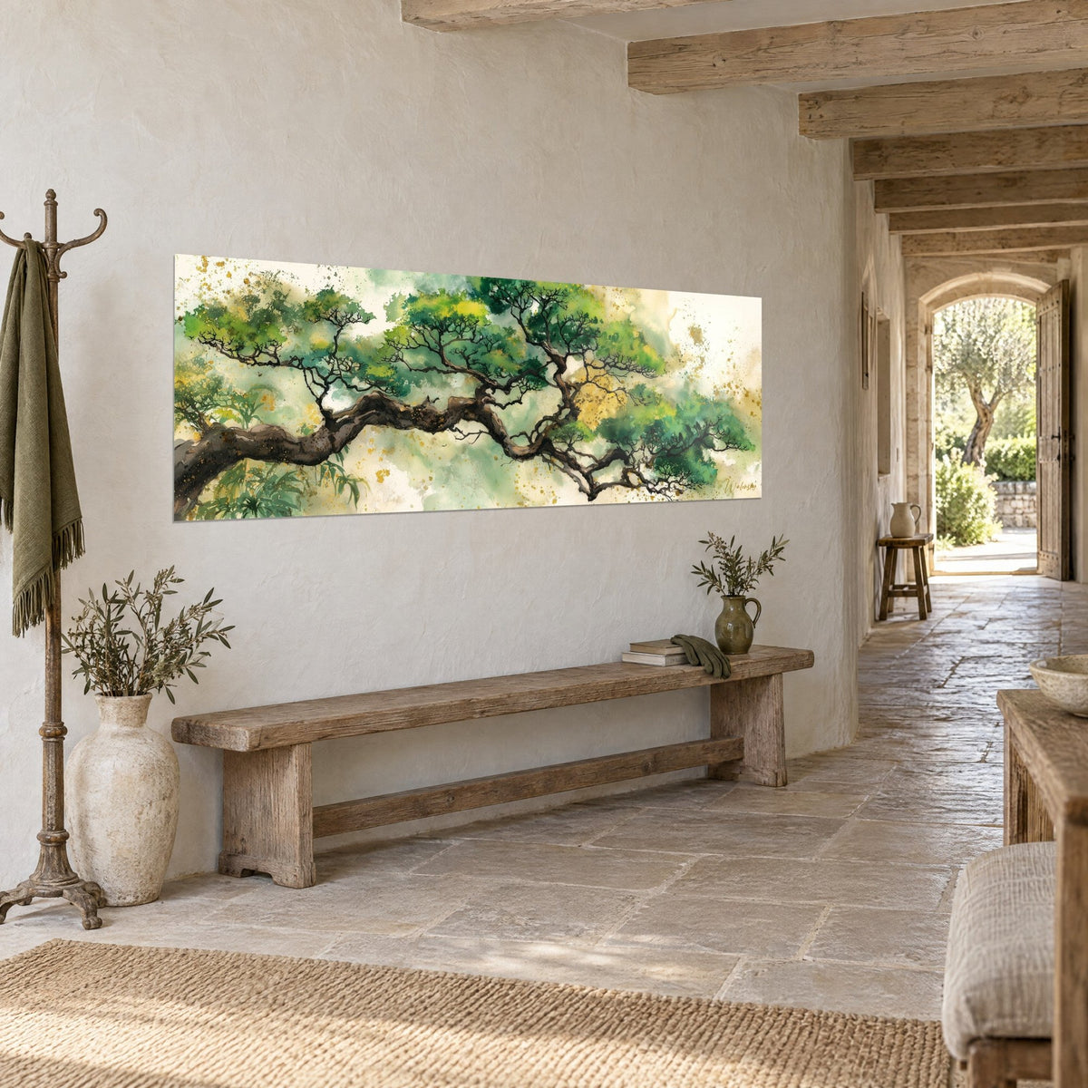 Quadro di ramo nodoso di pino marrone con aghi verde smeraldo e ocra dorata, su un muro di pietra accanto a un corridoio a volta