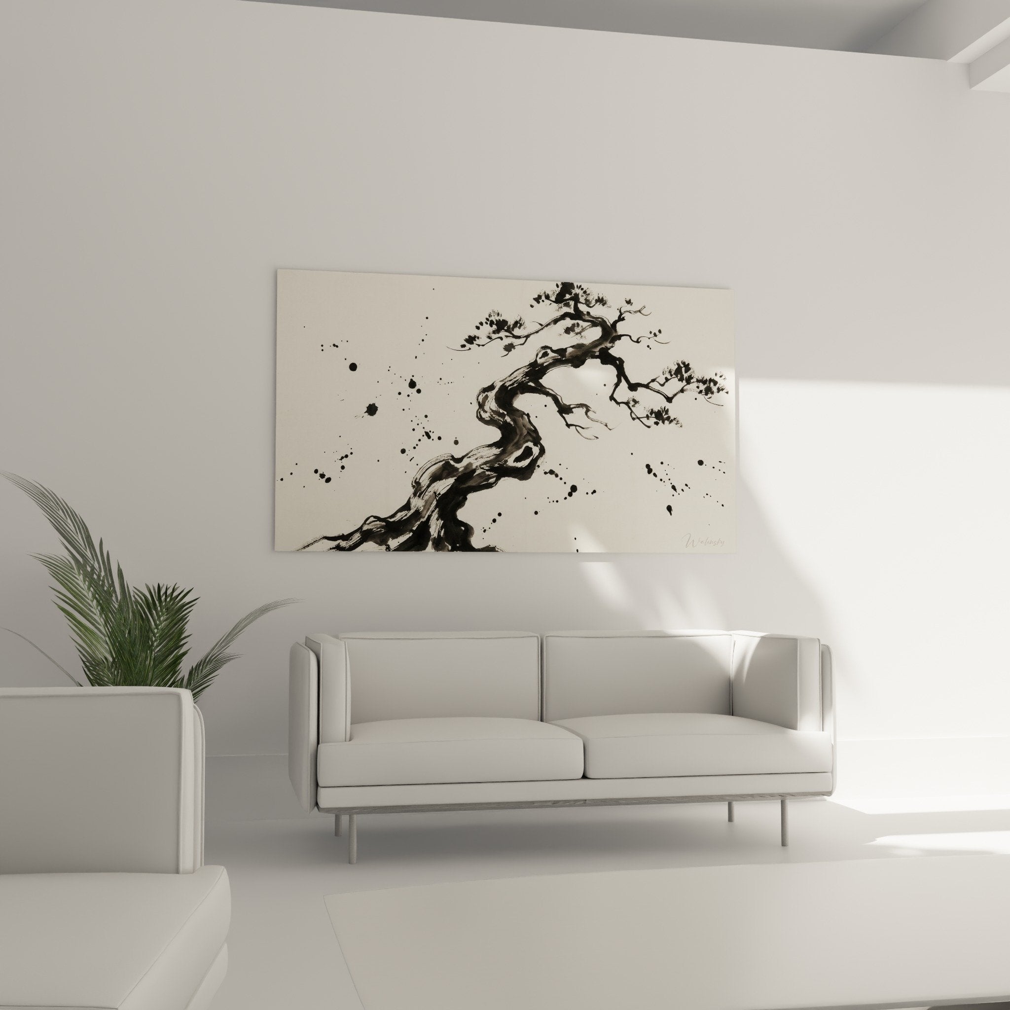 Detail sinuous bonsai branches black ink fluid brush strokes traditional Japanese zen art