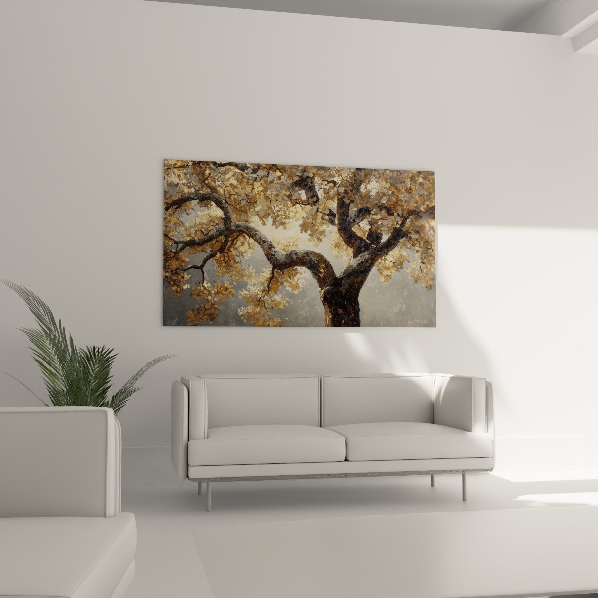 Detail branches dorees texturees feuillage or arbre de vie peinture murale artistique