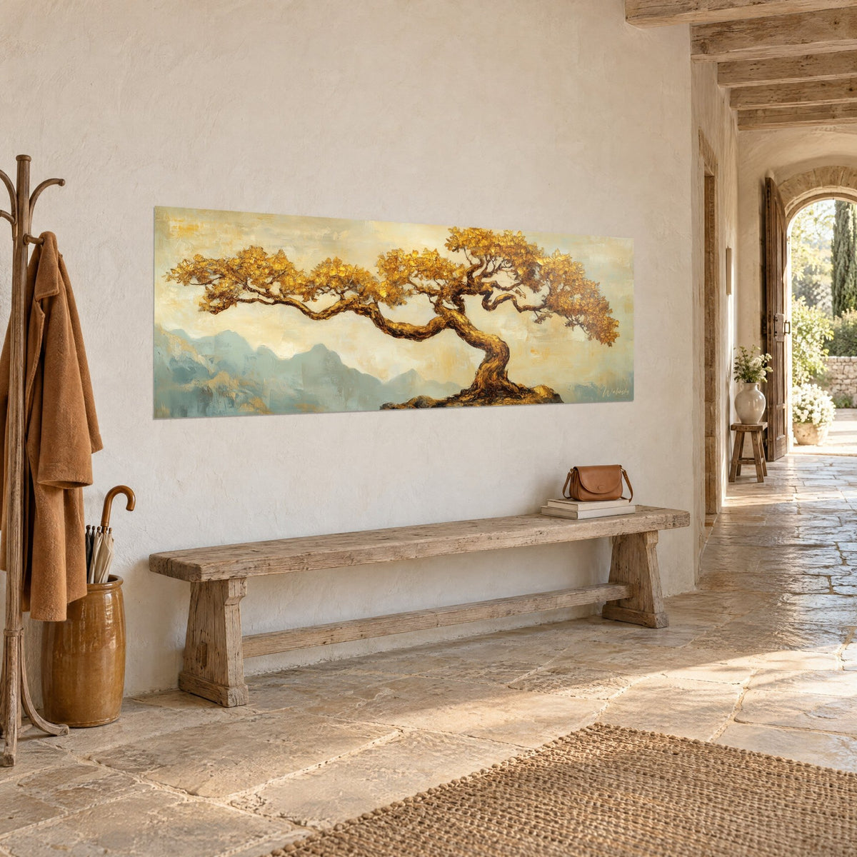 Wall art golden bonsai with a twisted trunk on a cream background and bluish mist, stone wall, wooden bench and vaulted hallway