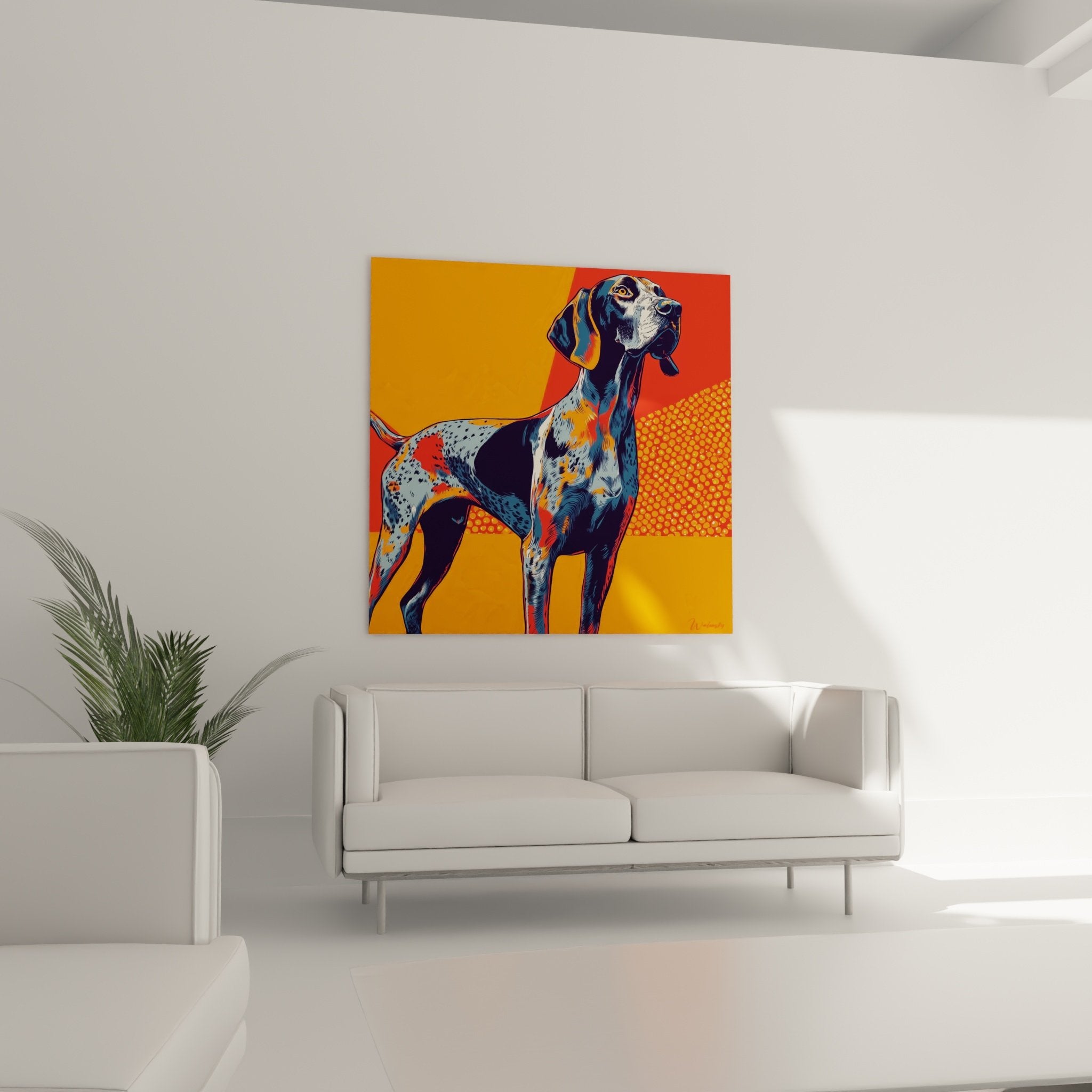 Detailporträt Deutsch Kurzhaar moderne Malerei lebhafte Farben Orange Rot geometrische Muster
