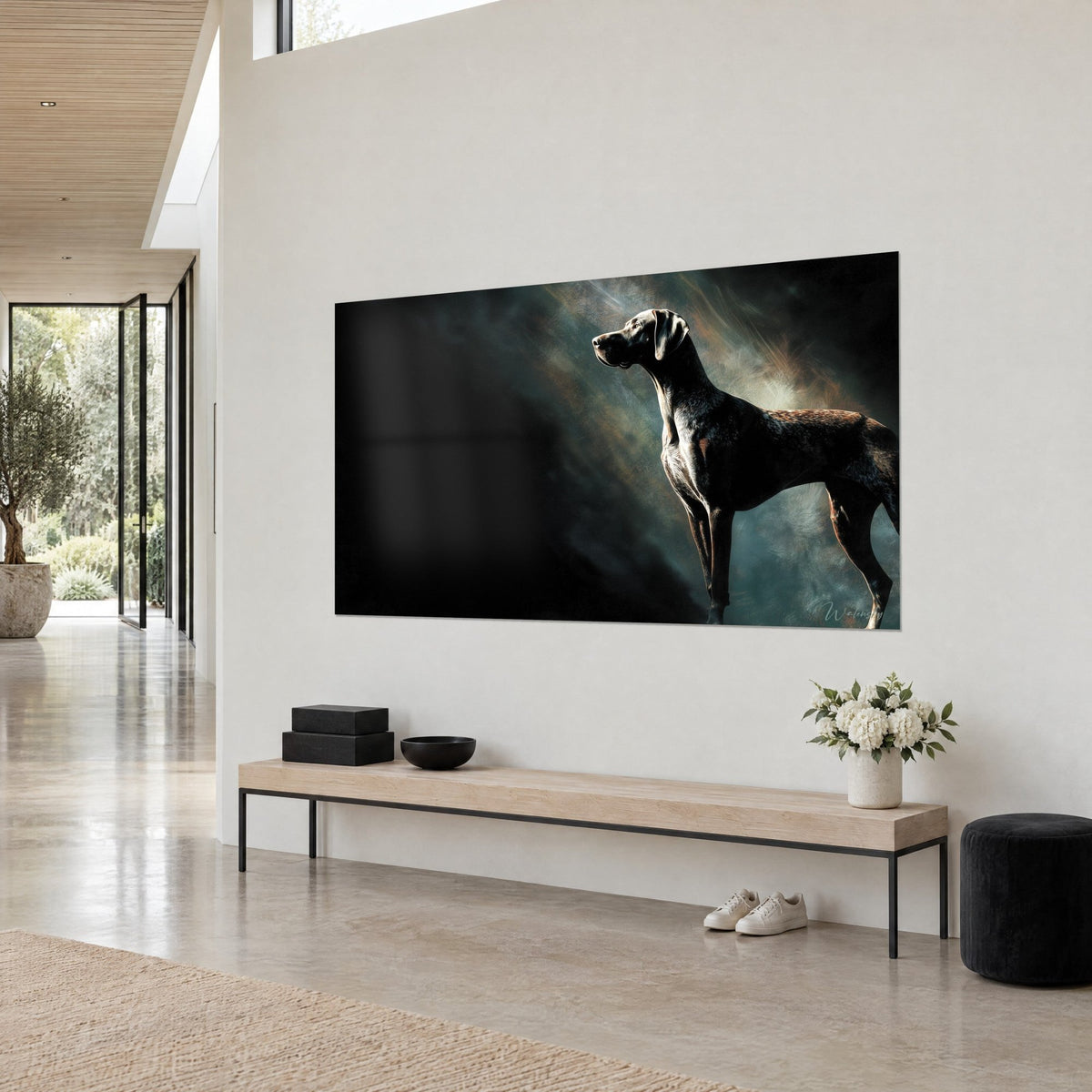 Wall art of a hunting dog with head held high, golden rays and copper highlights on deep black background, three-quarter view in a living room