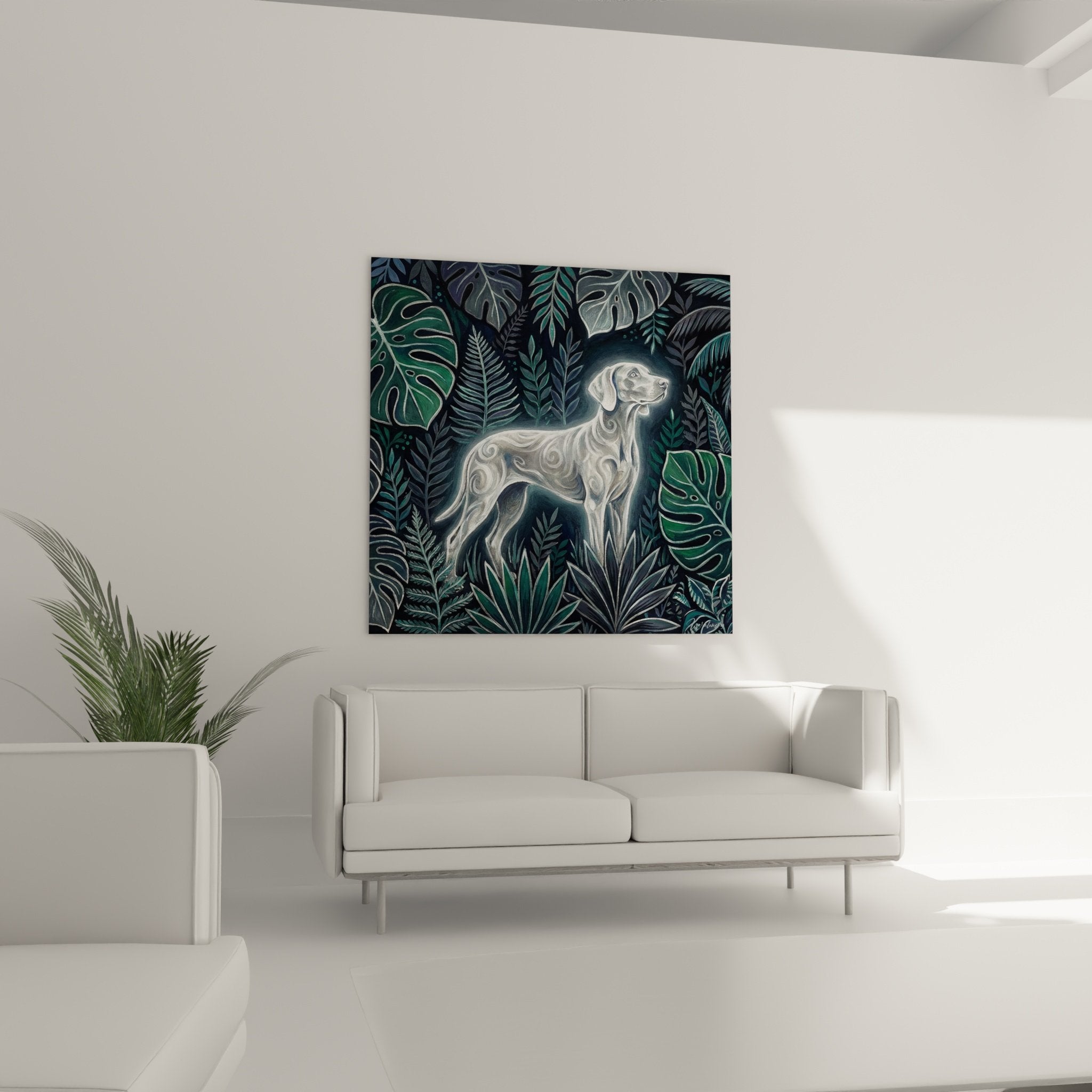 Weimaraner detail with silver spirals on coat, tropical vegetable background