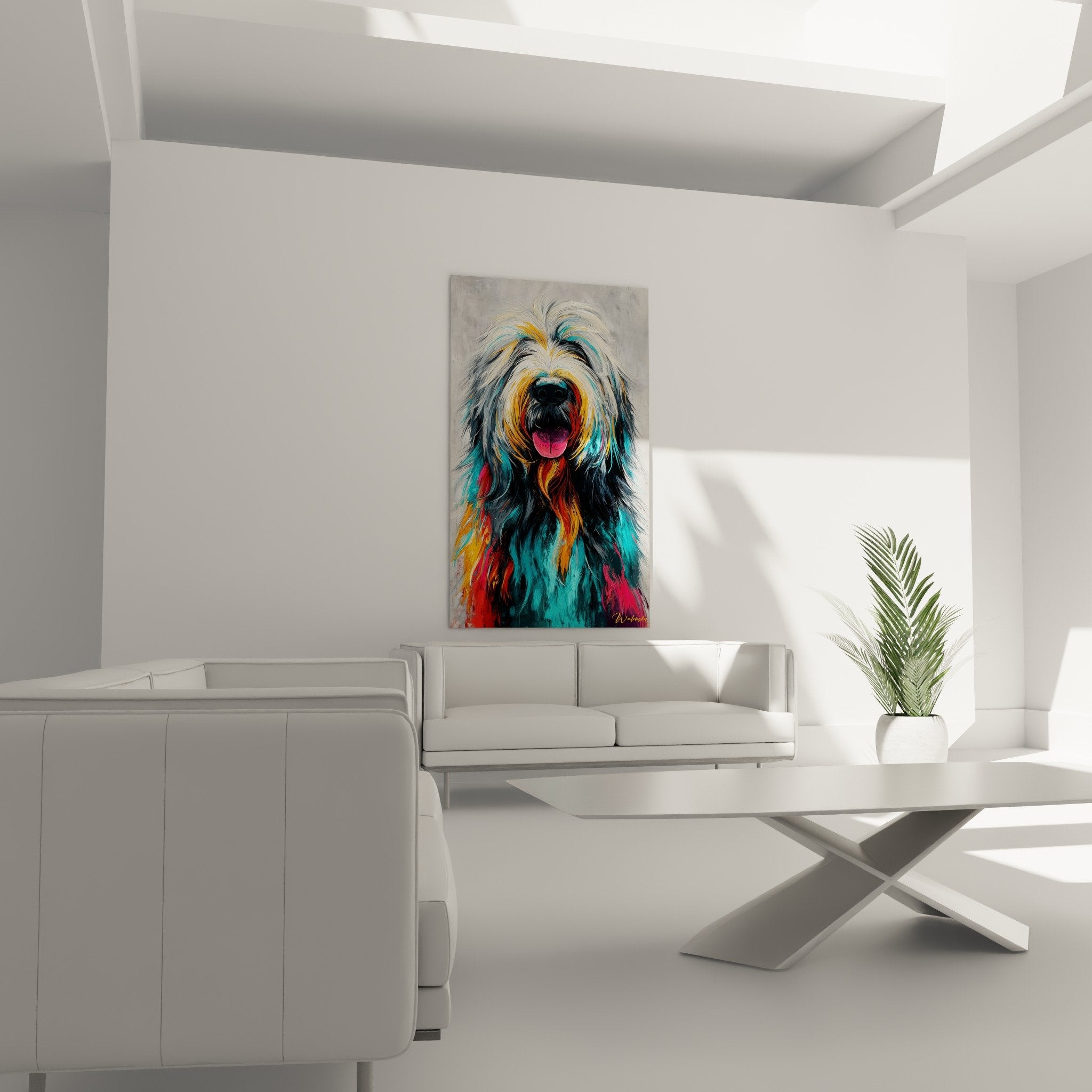 Détail rapproché tableau Briard couleurs irisées pelage turquoise orange texture artistique peinture moderne