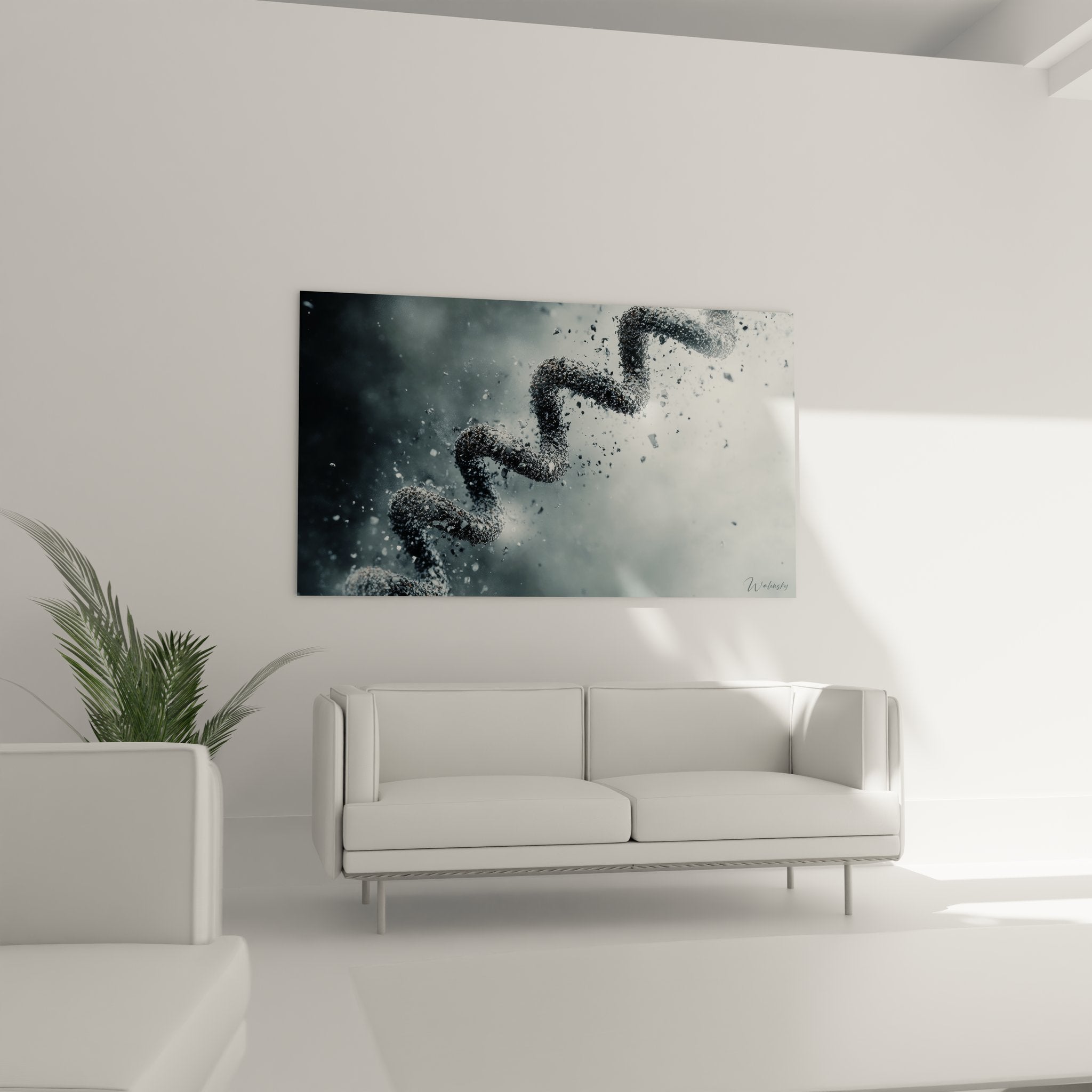 Gros plan détaillé des brins ADN se désagrégeant en particules sur tableau mural génétique