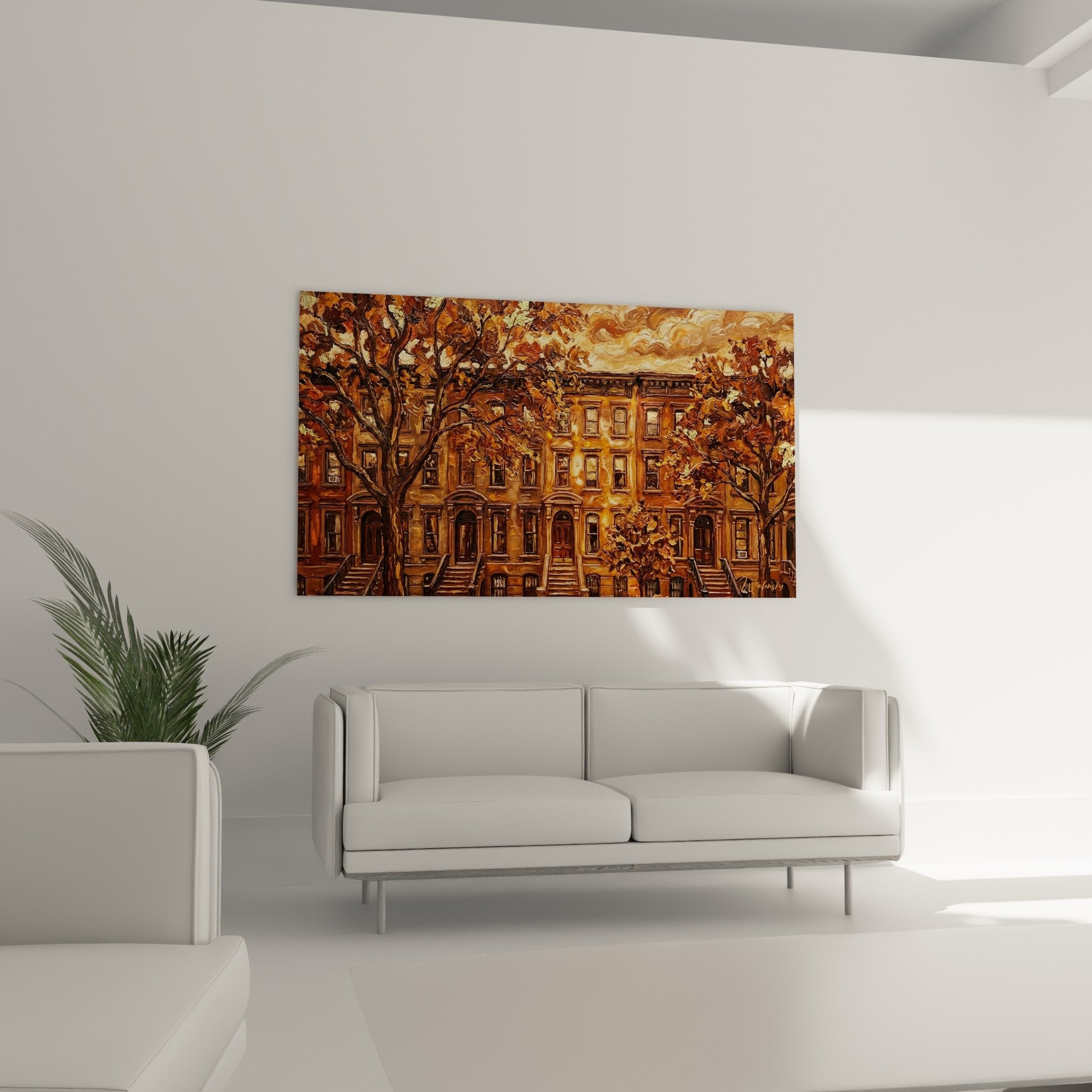 detail tableau brooklyn architecture victorienne peinture texturee tons dores cuivres