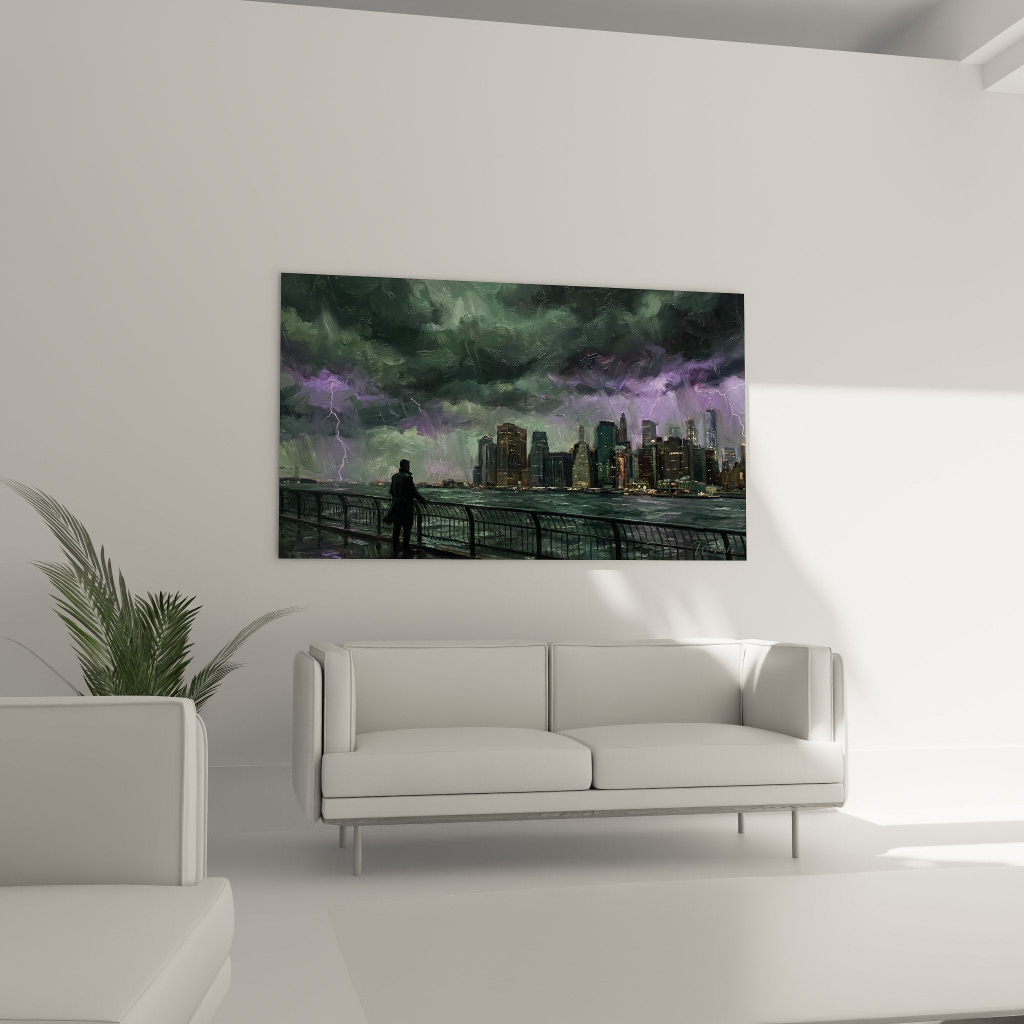 Detail peinture Brooklyn ciel orage violet eclairs texture empates gratte-ciels illumines