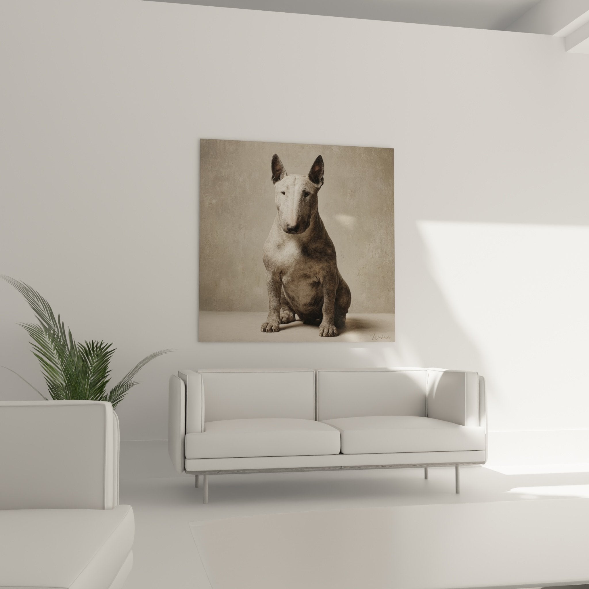 Détail portrait Bull Terrier blanc oreilles dressées regard expressif art animalier