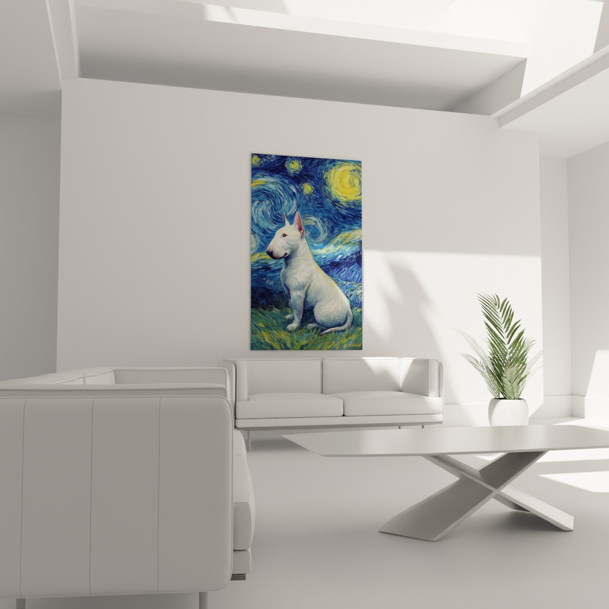 Détail bull terrier blanc pelage immaculé regard contemplatif ciel étoilé tourbillons cosmiques bleu or