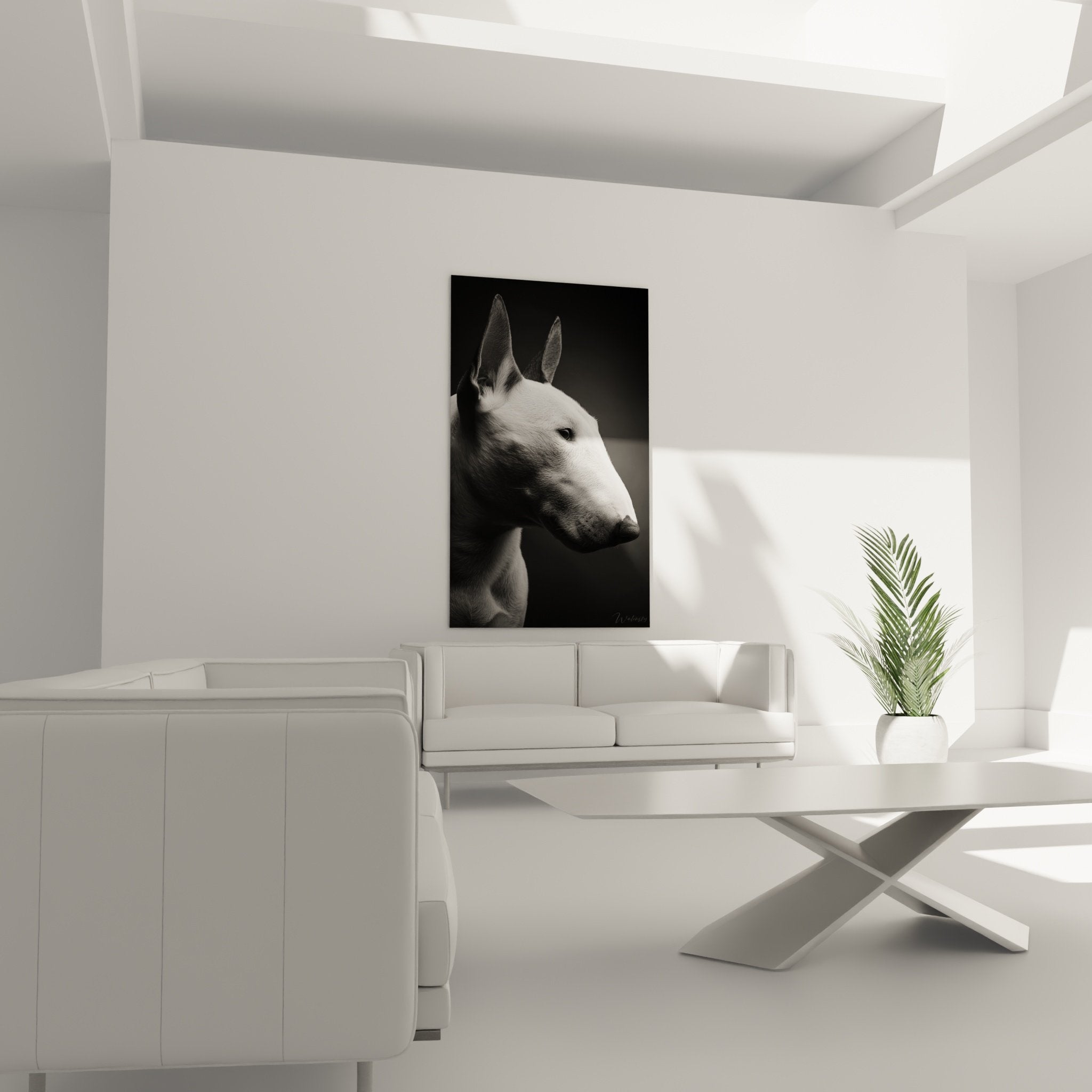 Detail portrait Bull Terrier monochrome gros plan museau oreilles texture pelage artistique