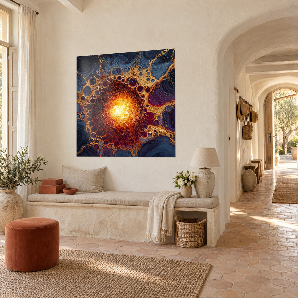 Quadro cuore incandescente giallo e rosso circondato da cellule dorate su blu marino, arco a volta e panca in pietra sullo sfondo