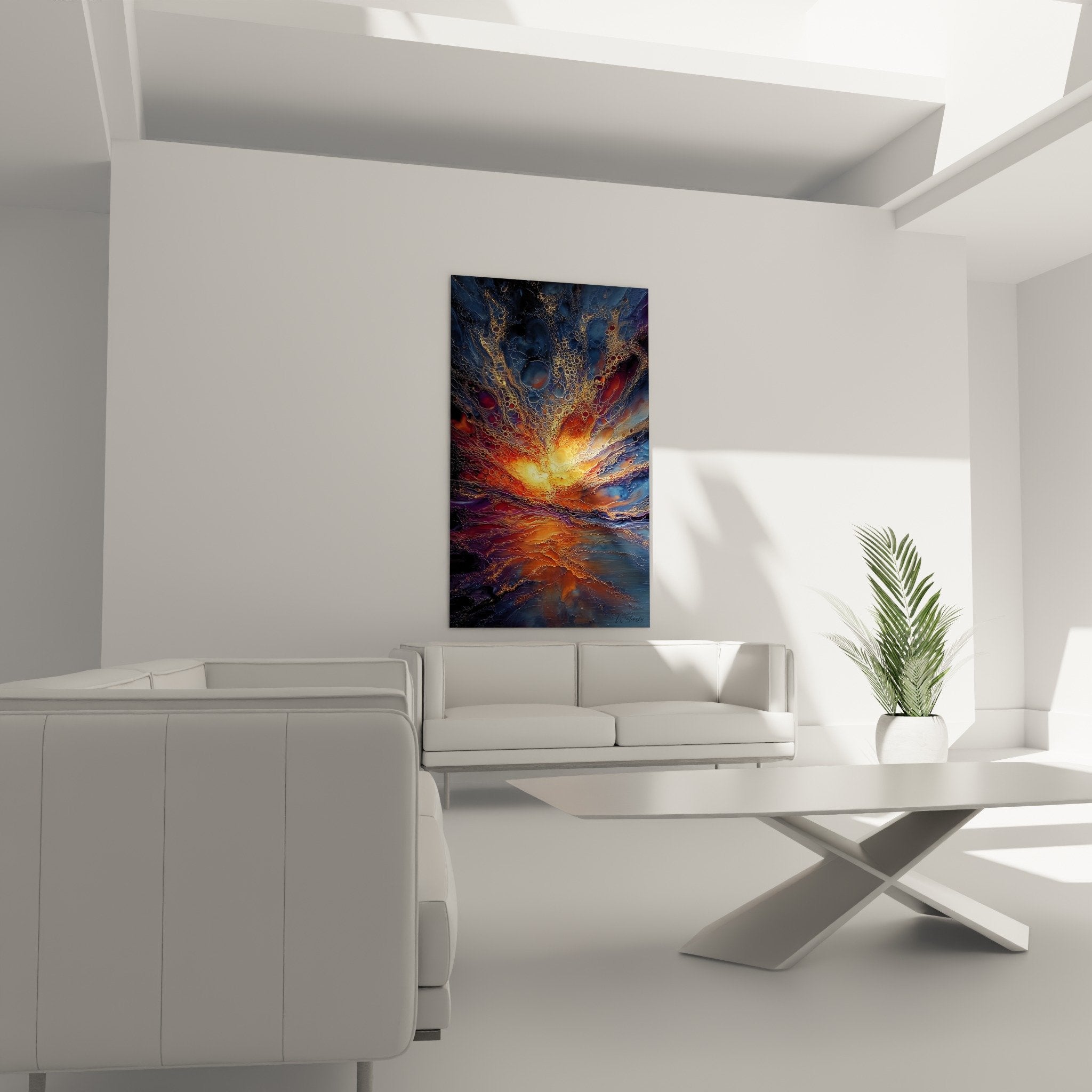 Detail golden bubbles cellular texture fluid paint luminous rays blue cosmos