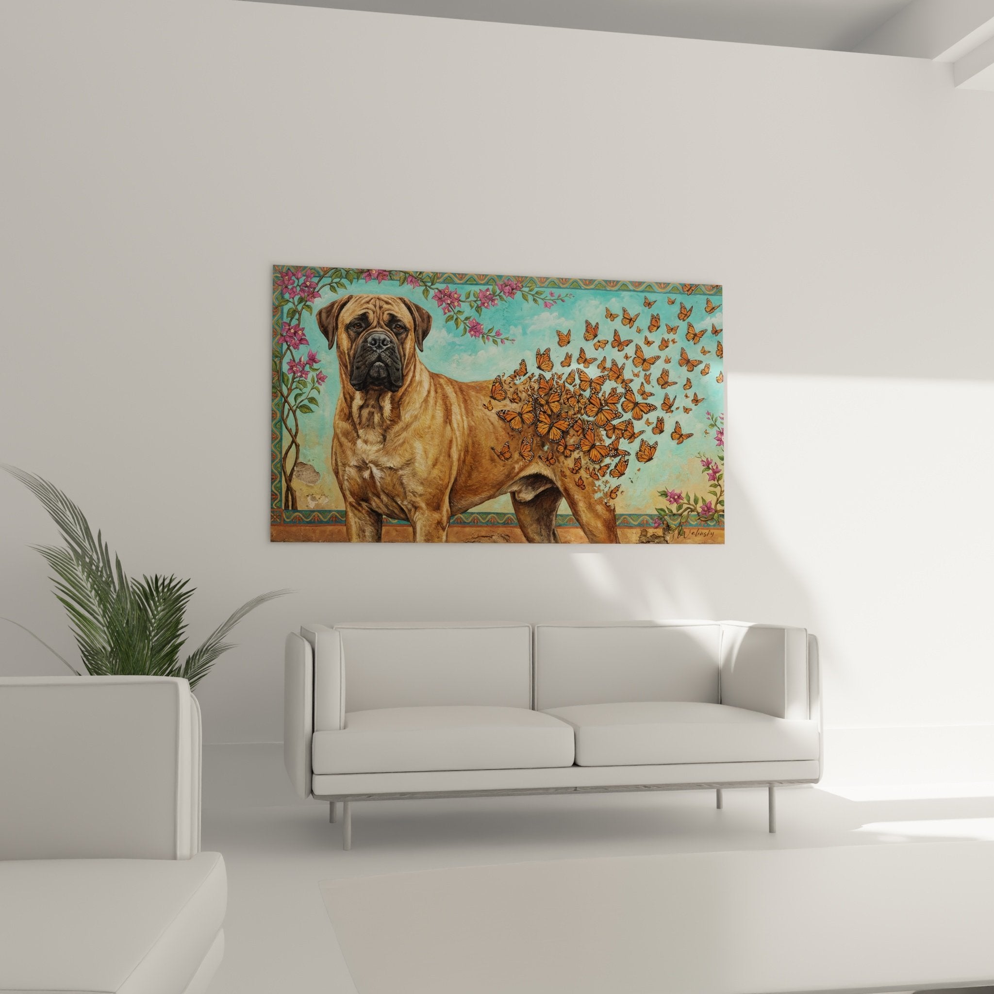 Detail tableau bullmastiff papillons oranges pelage fauve realisme artistique peinture animaliere