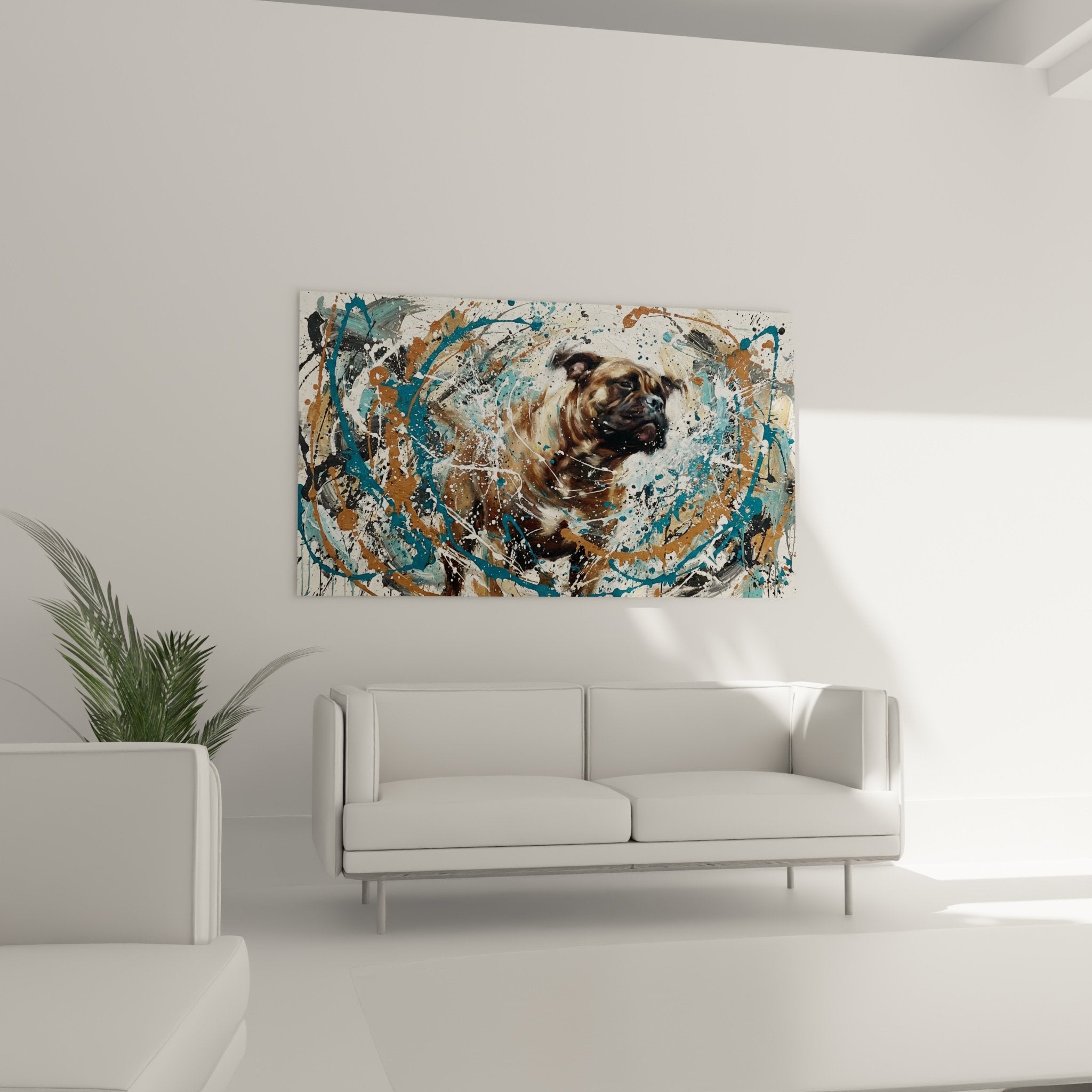 Détail proche portrait Bullmastiff peinture gestuelle éclaboussures turquoise ocre technique expressionniste