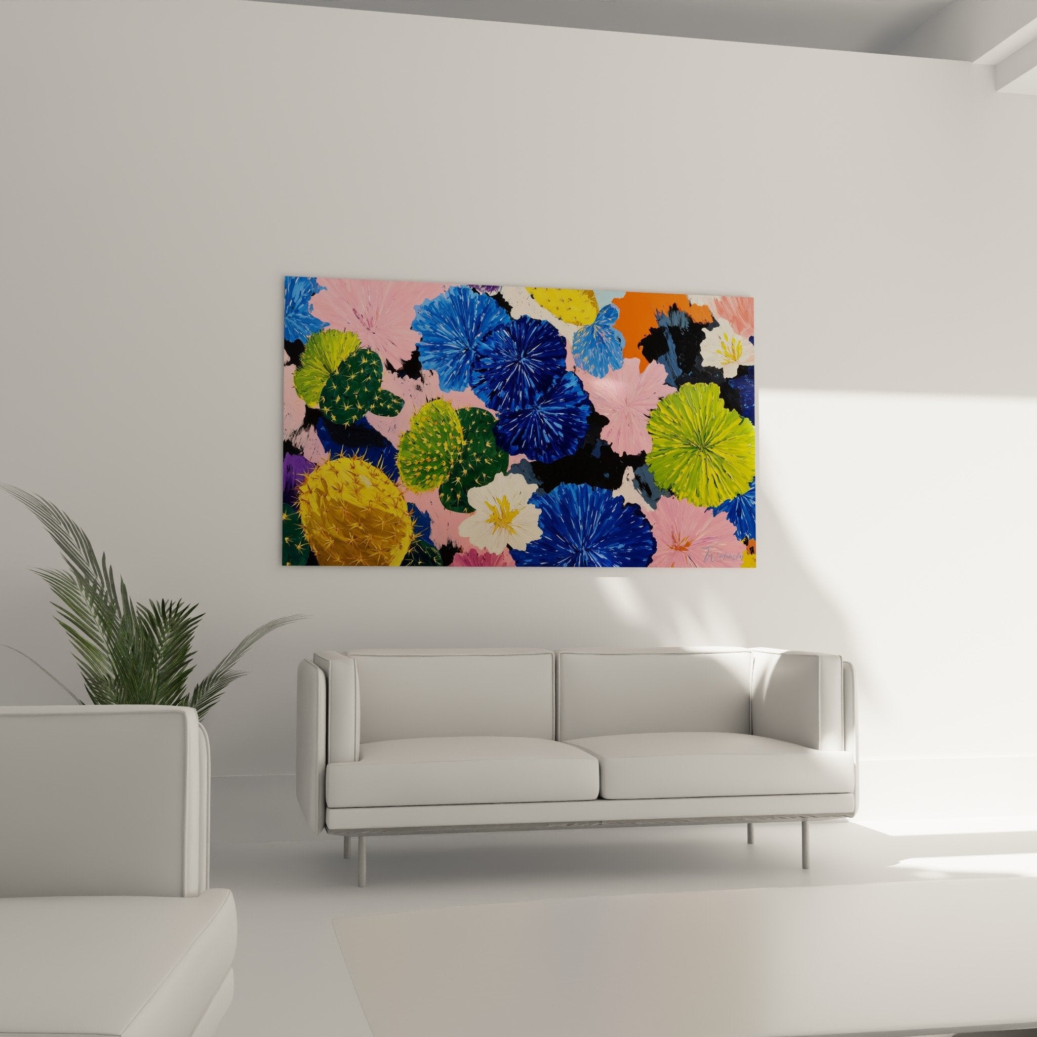 Detail cactus epines dorees fleurs bleues roses composition cubiste tropicale