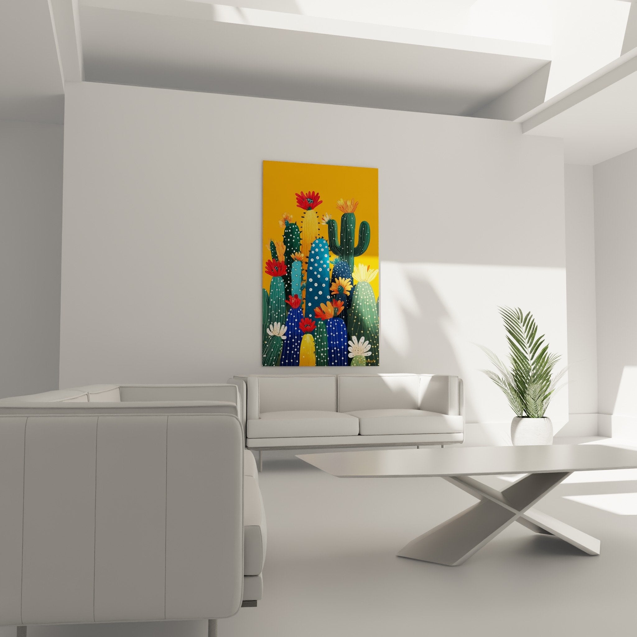 Détail gros plan cactus bleus verts fleurs rouges oranges motifs pointillés blancs artistiques