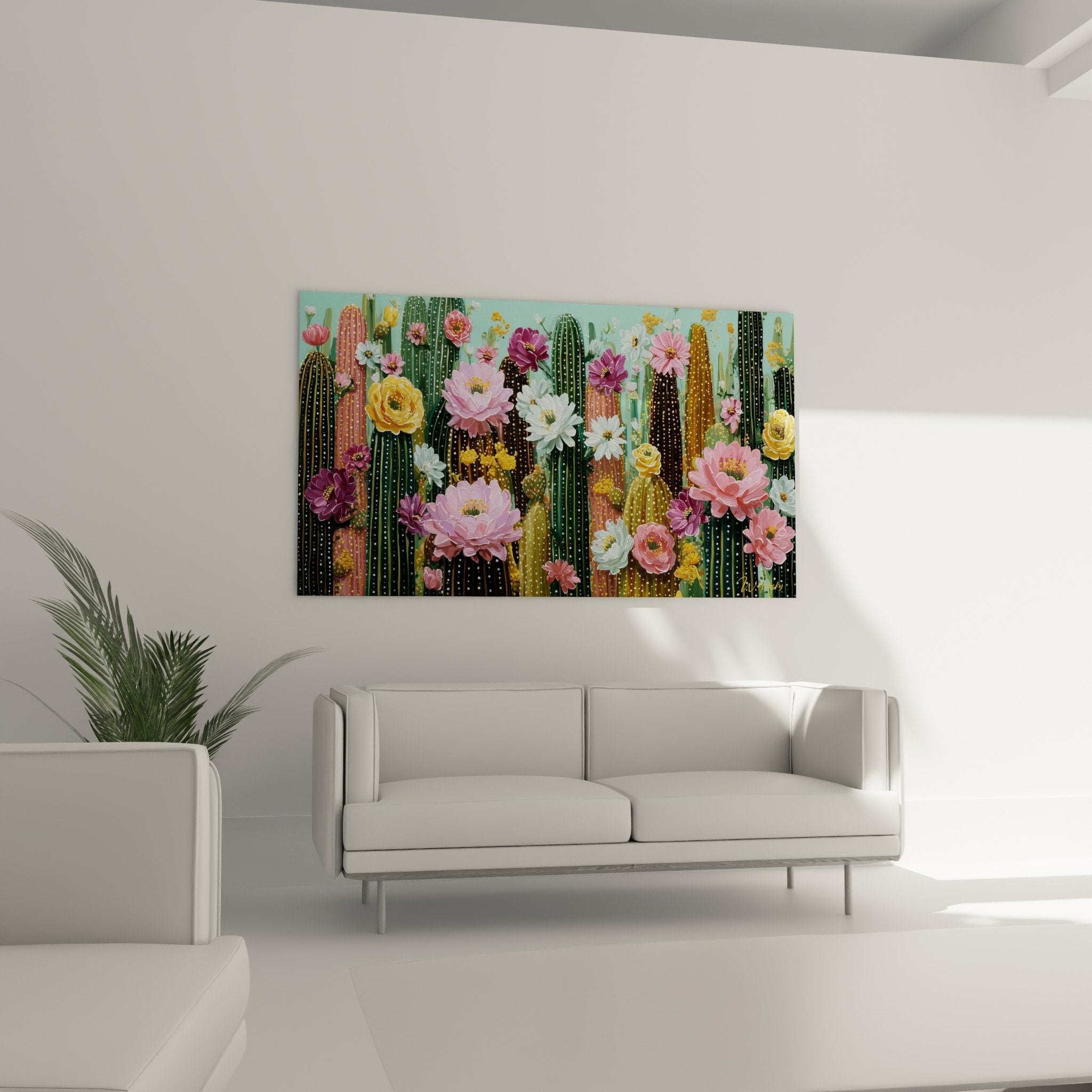 Gros plan tableau cactus cubiste details fleurs roses blanches jaunes epines geometriques stylisees