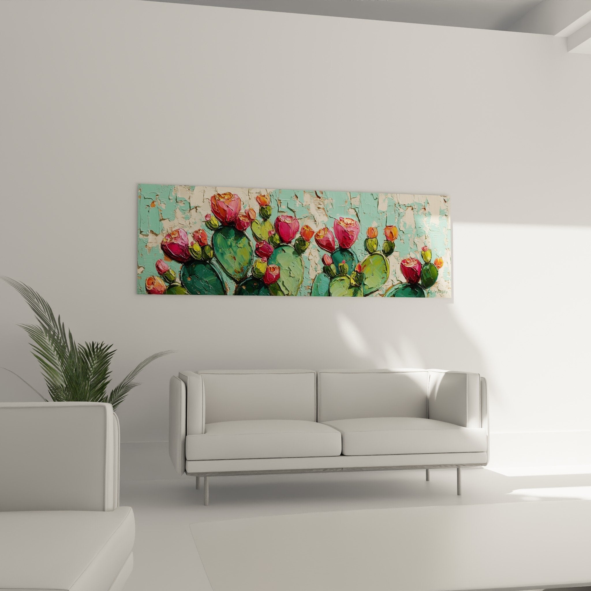 Détail cactus fleurs roses magenta texture vintage patinée art mural cubisme