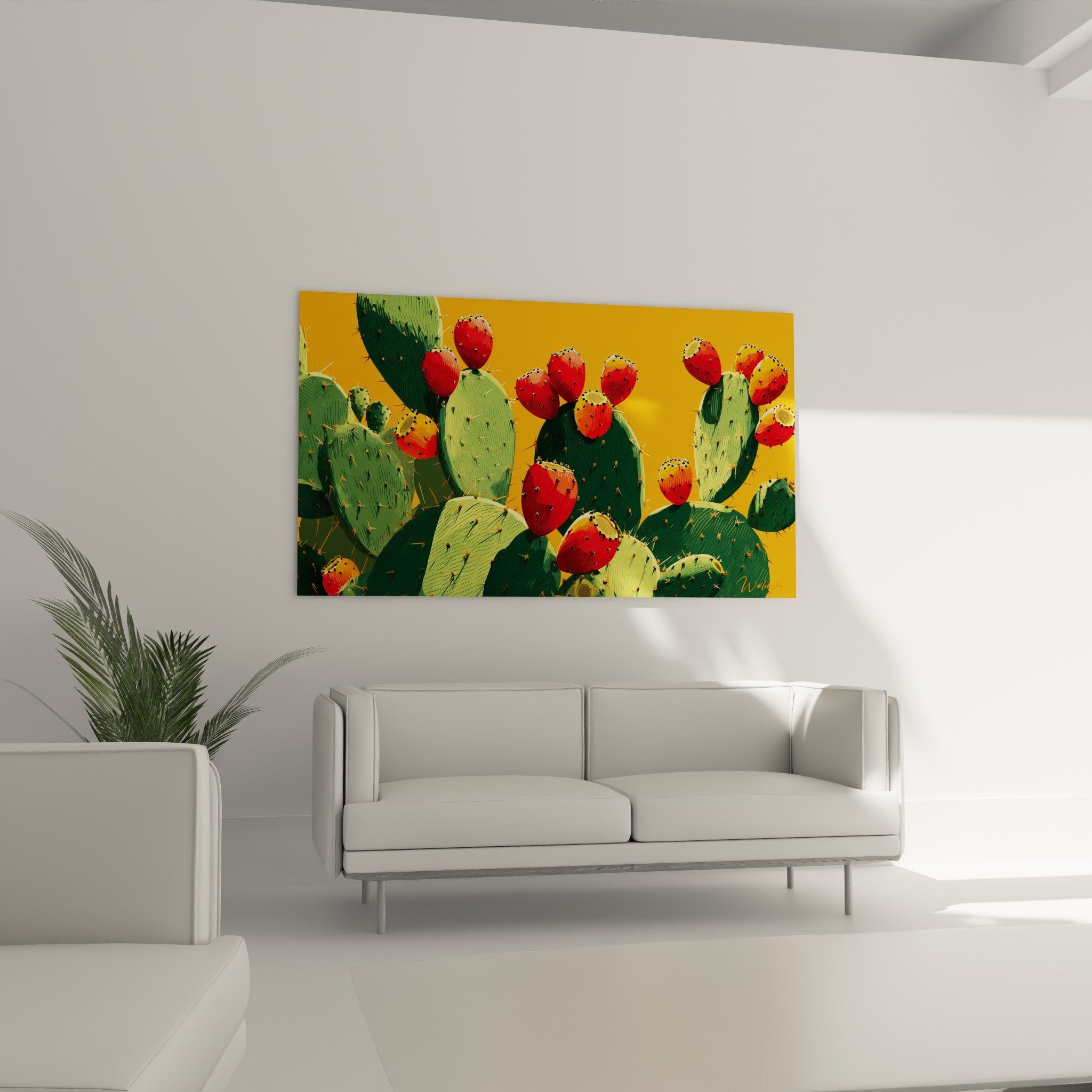 Detail of red fruits and black spines of the cactus, cubist painting with vibrant orange and green colors