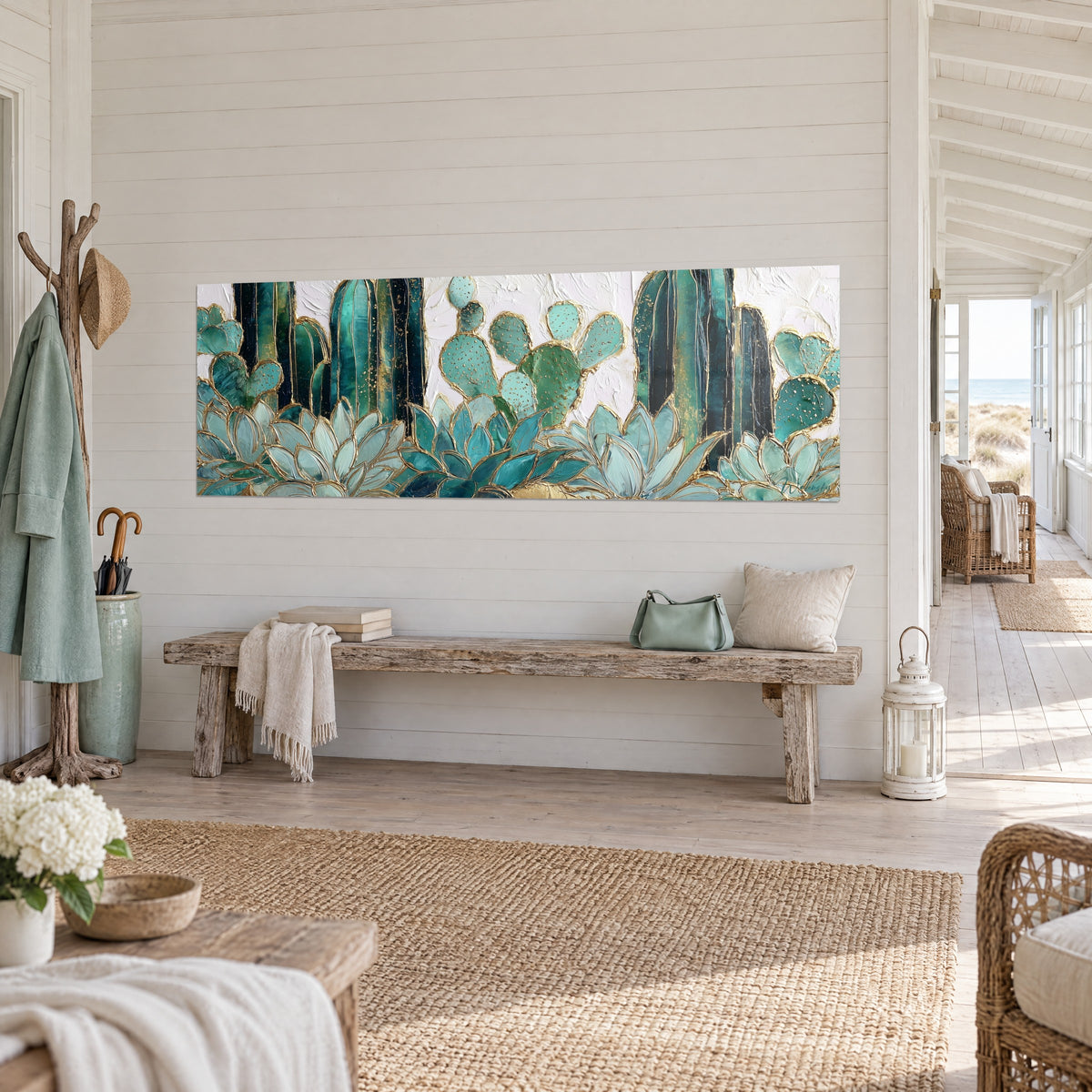 Tableau raquettes de figuier de Barbarie semées de points dorés sur fond blanc crème, banc en bois brut dans une maison de bord de mer
